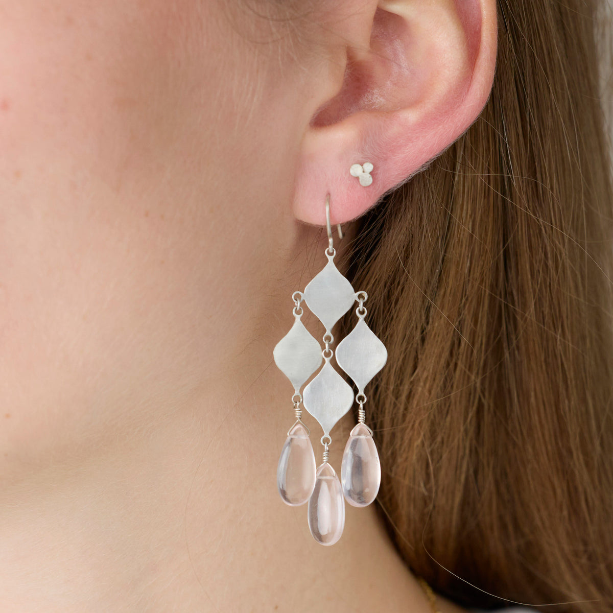 Silver Chandelier Earrings with Rose Quartz