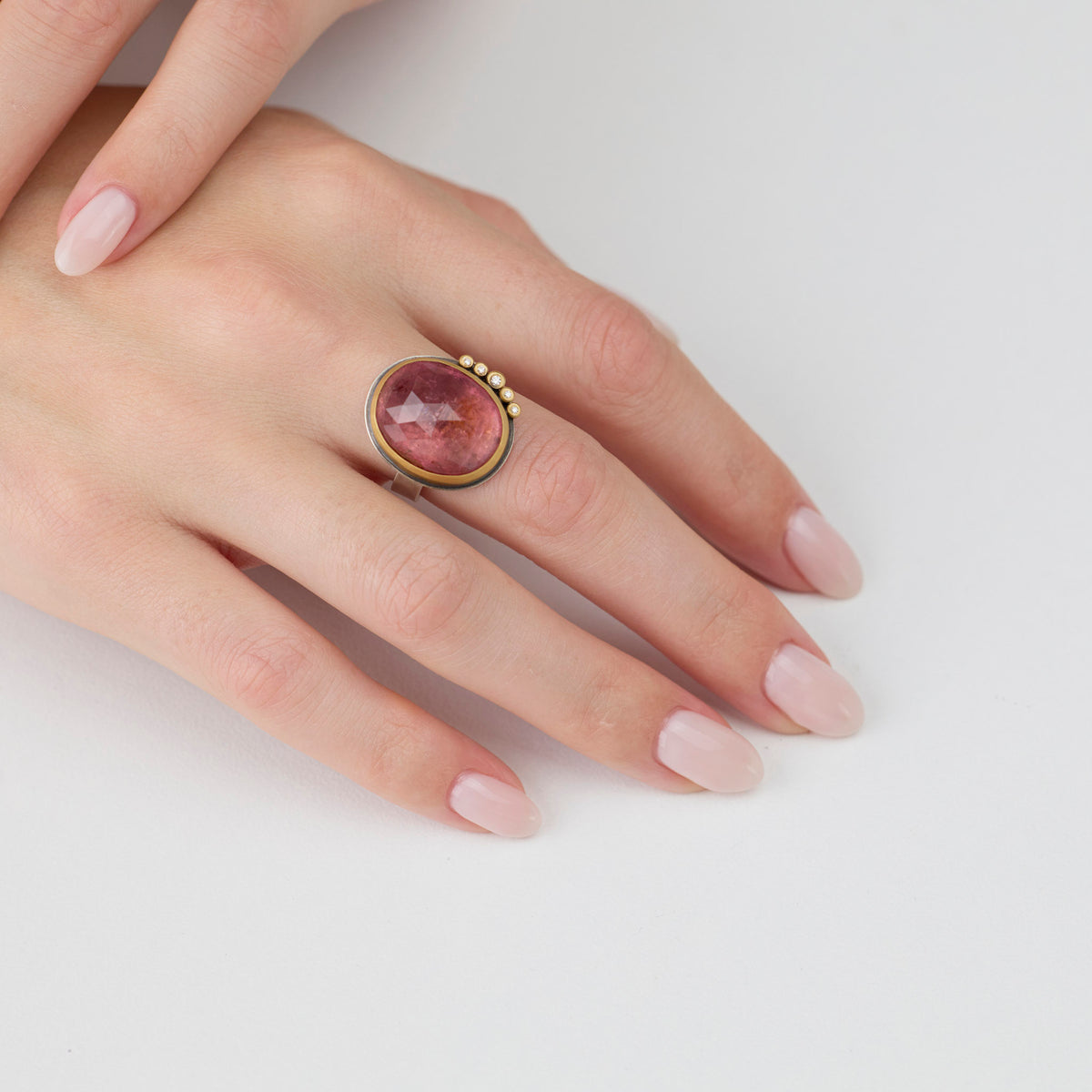 Pink Tourmaline Ring with Five Diamonds