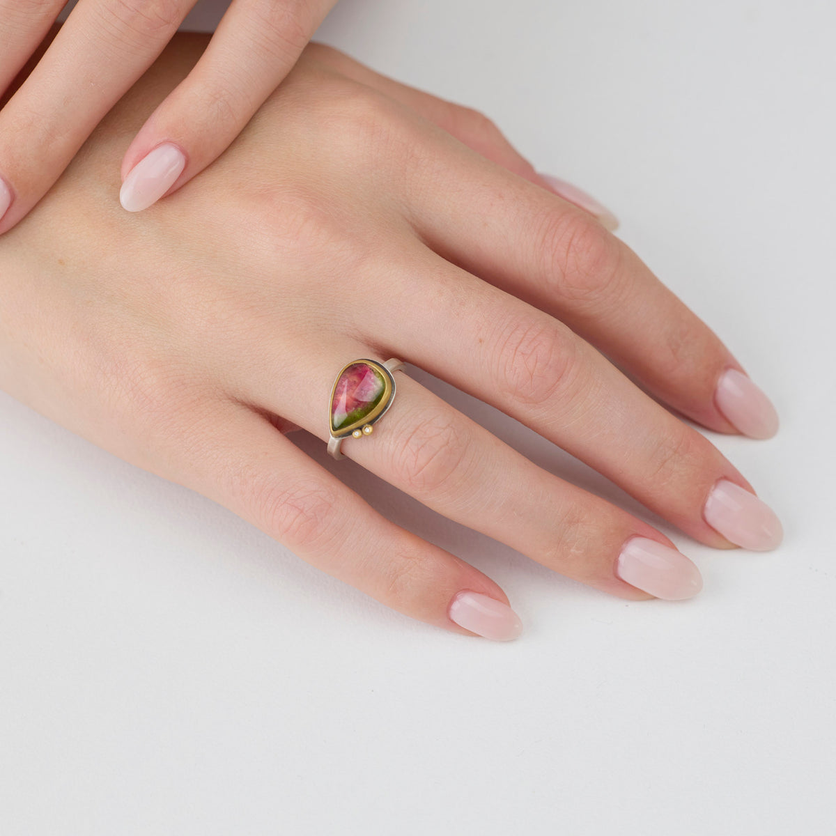 Watermelon Tourmaline Teardrop Ring with Diamonds