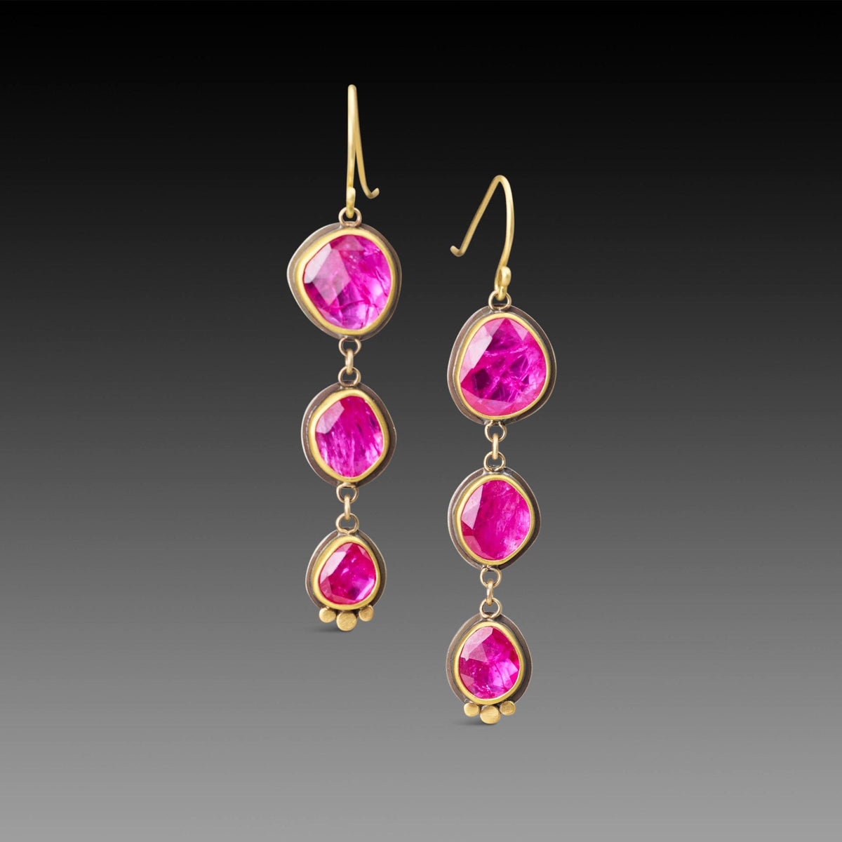 Hot Pink Triple Ruby Drop Earrings