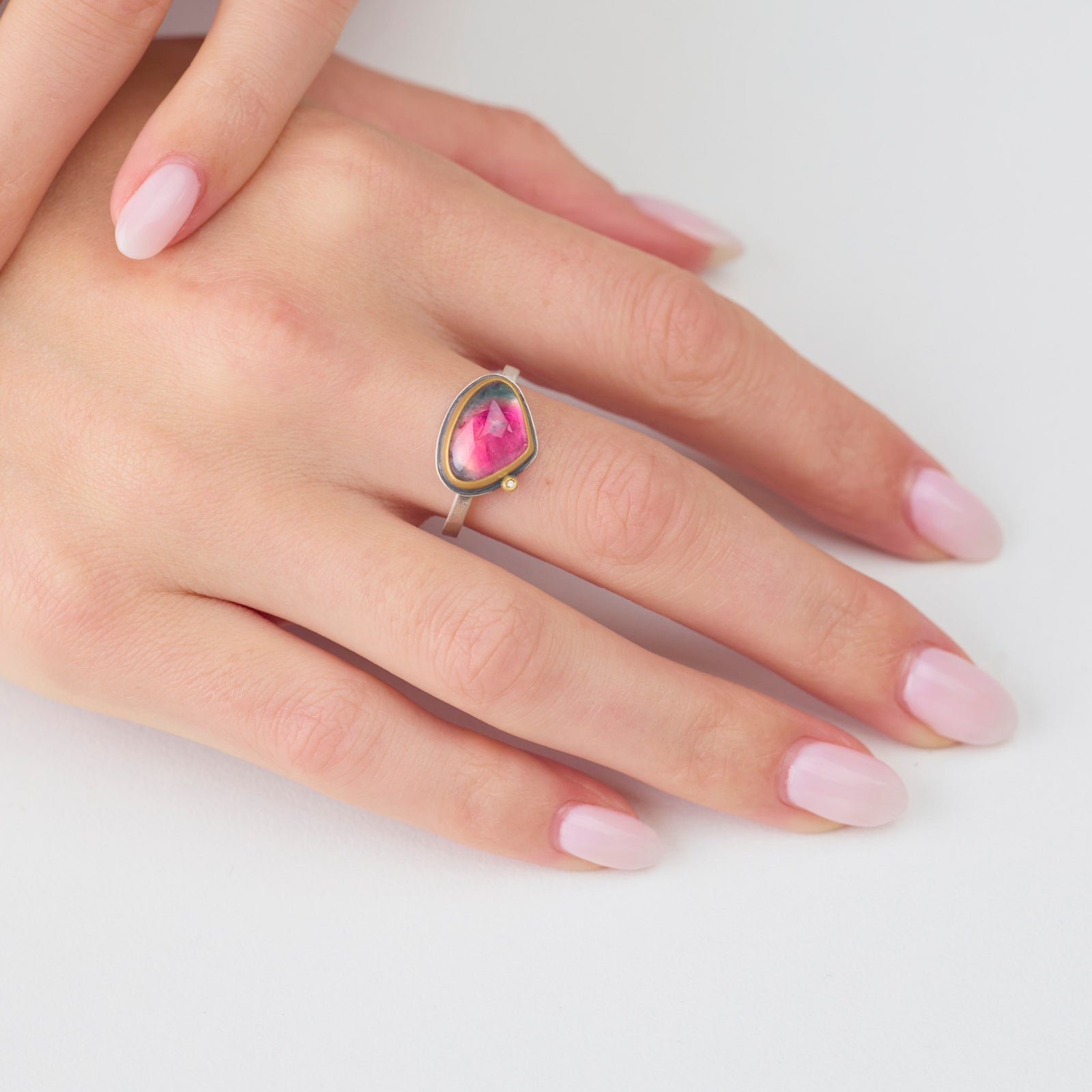Watermelon Tourmaline Ring with Diamond Dot