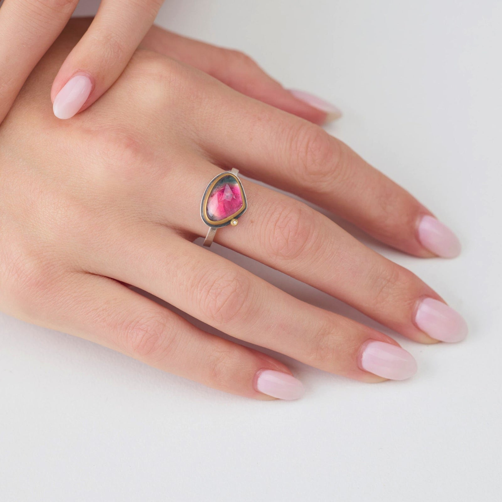 Watermelon Tourmaline Ring with Diamond Dot