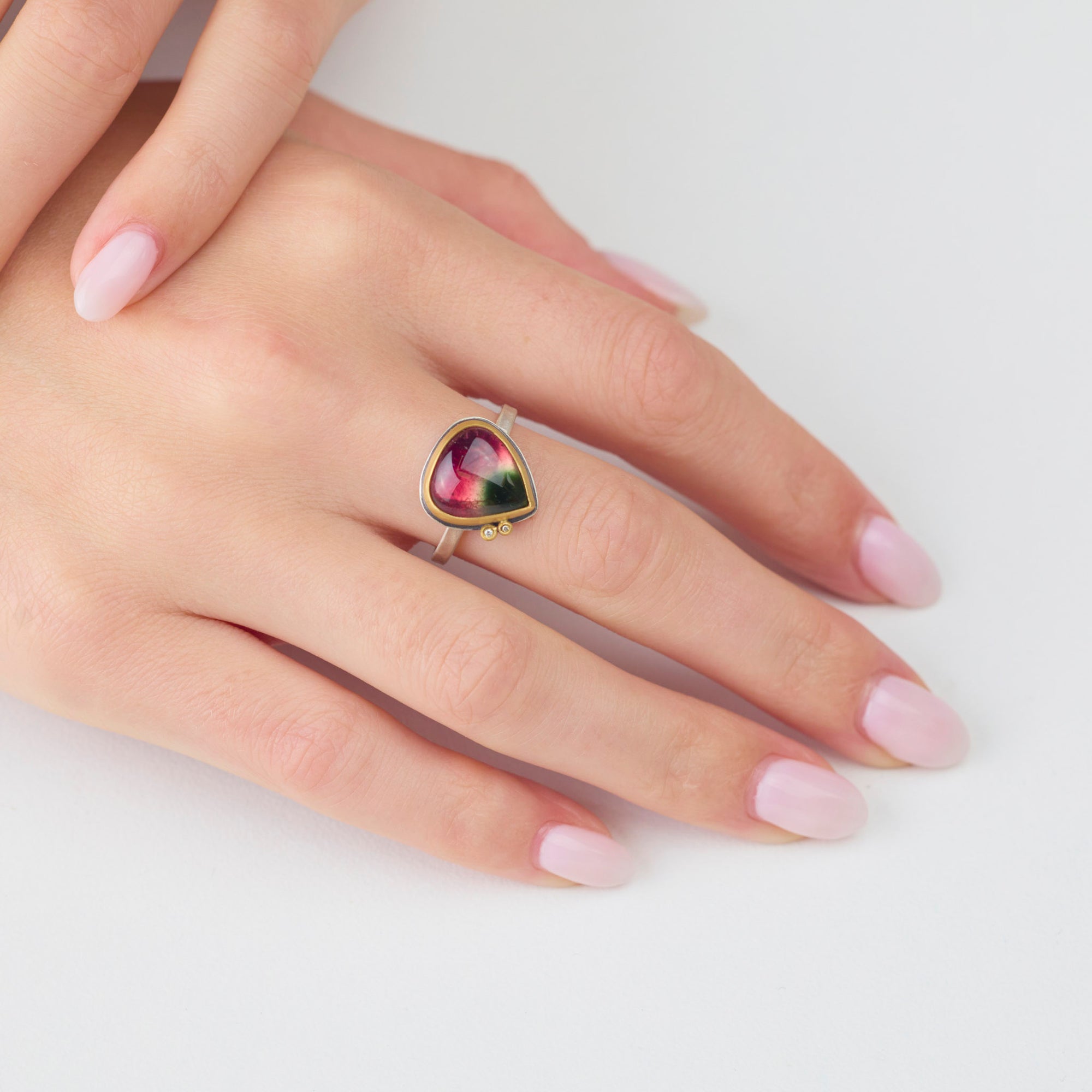 Watermelon Tourmaline Ring with Diamond Dots