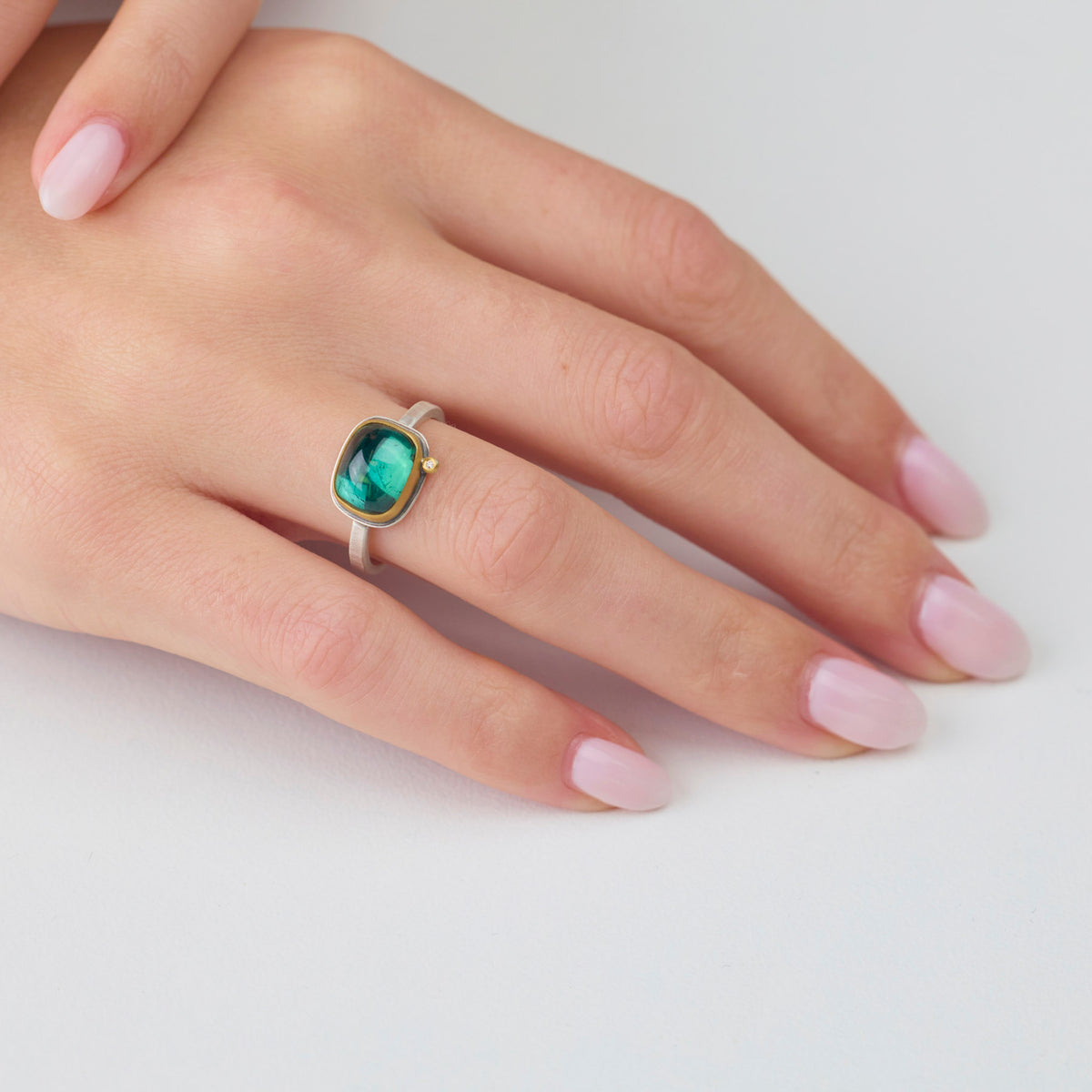 Teal Tourmaline Ring with Diamond Dot