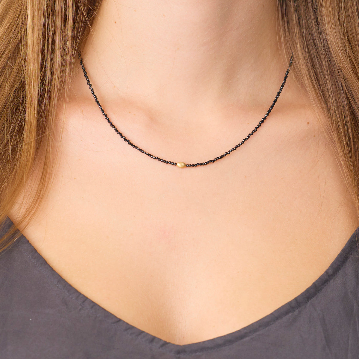 Black Spinel Necklace with Gold Rice Bead