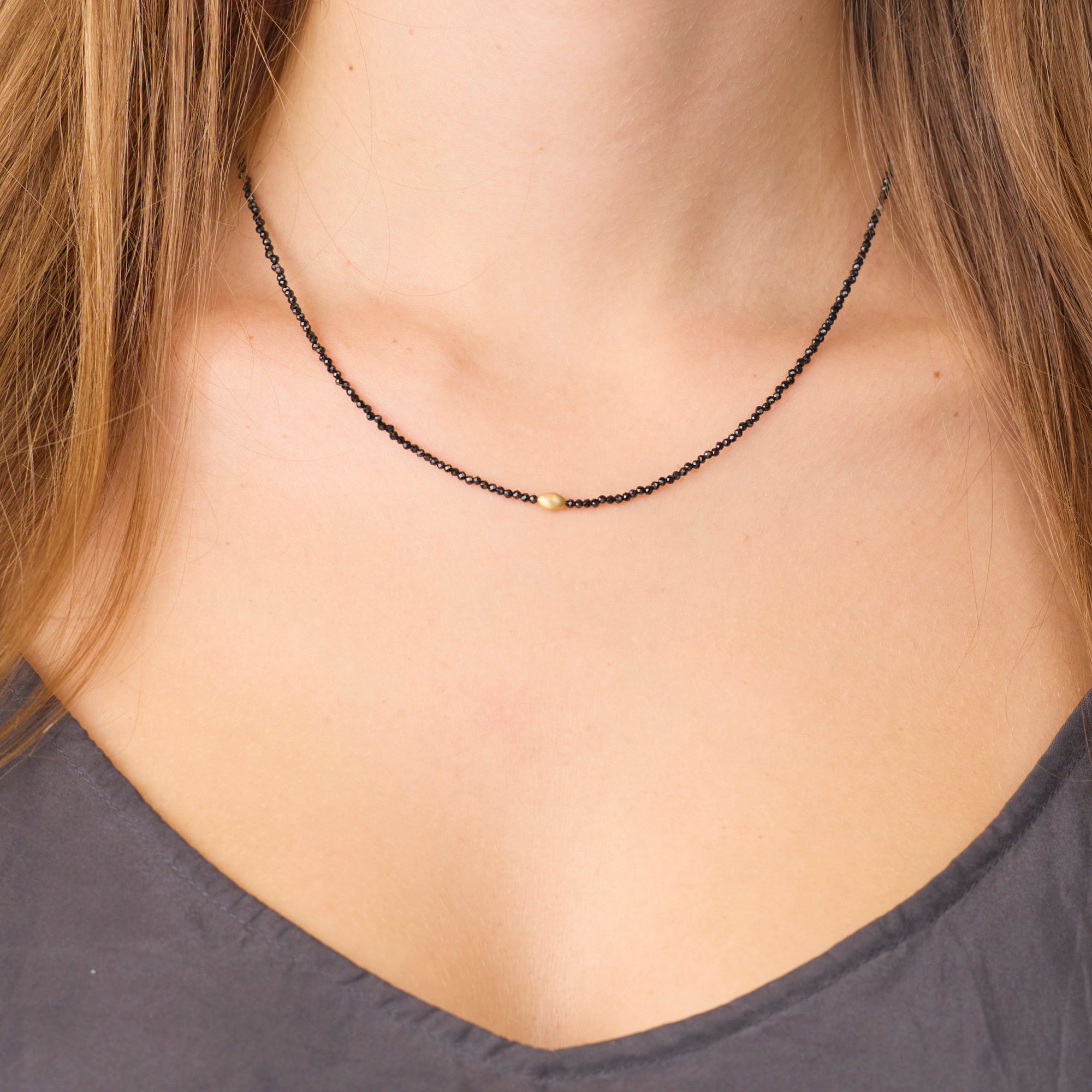 Black Spinel Necklace with Gold Rice Bead