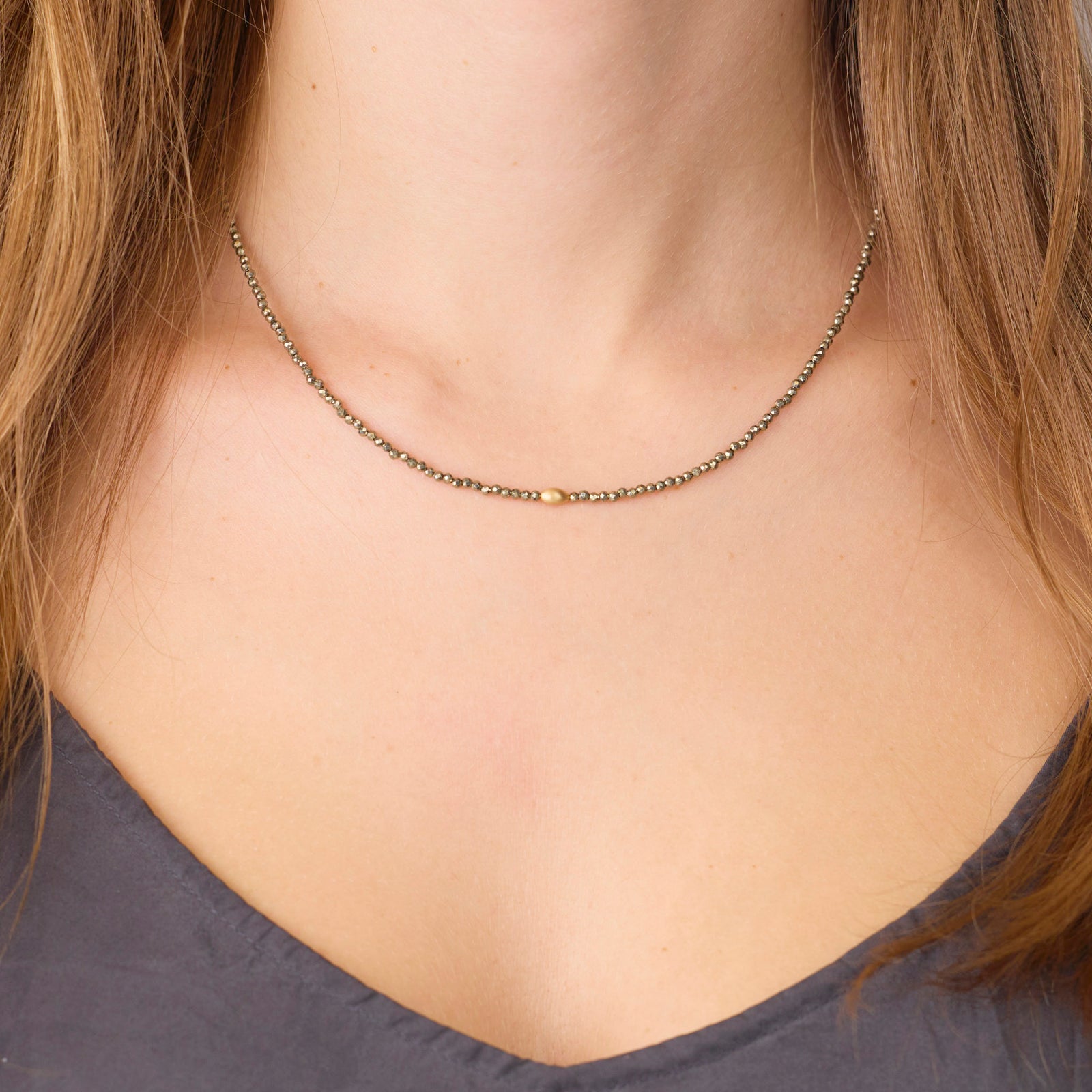 Pyrite Necklace with Gold Rice Bead