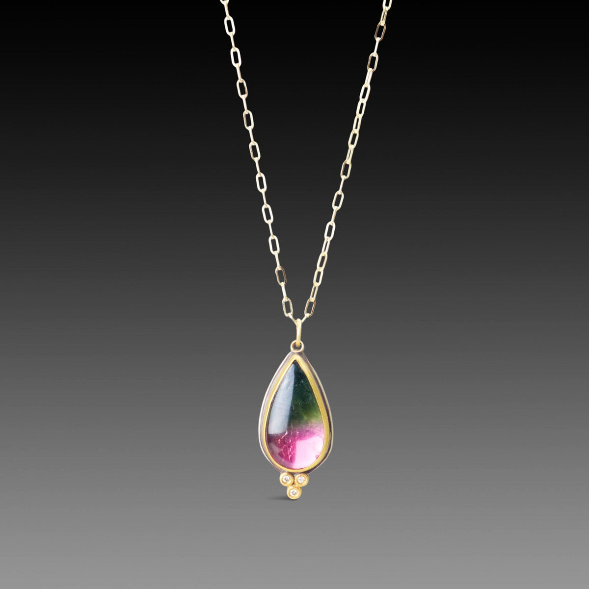 Watermelon Tourmaline Teardrop Necklace with Gold Trio