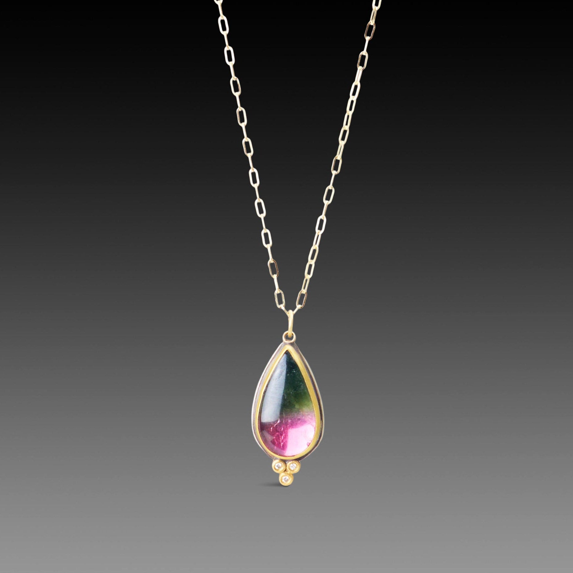 Watermelon Tourmaline Teardrop Necklace with Gold Trio