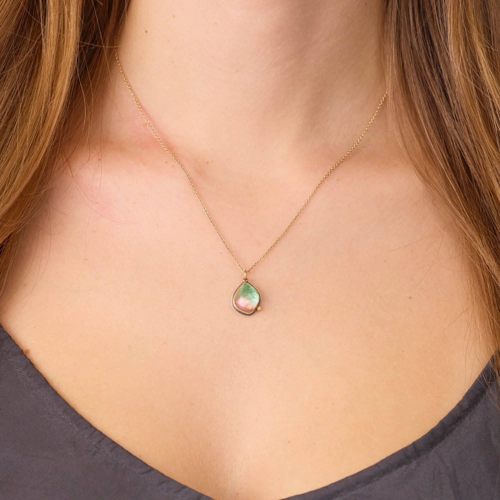 Watermelon Tourmaline Necklace with Diamond Dot