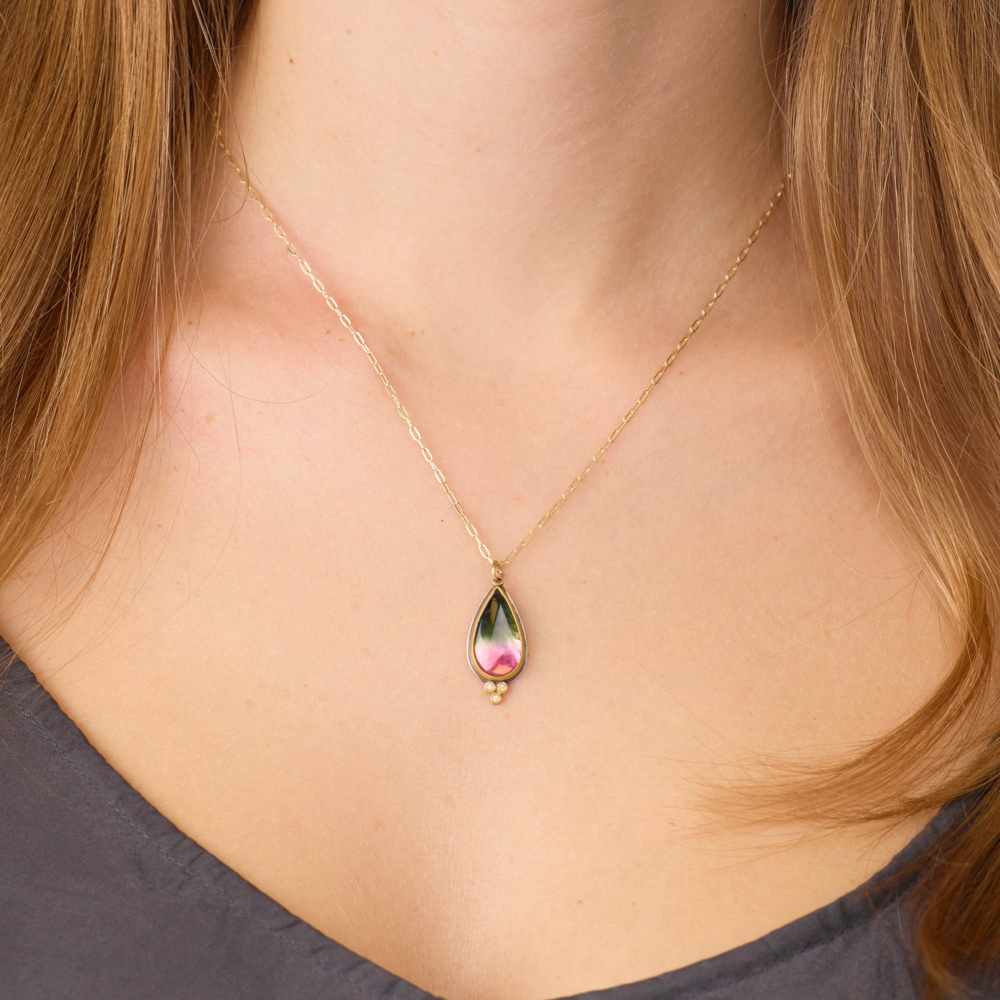 Watermelon Tourmaline Teardrop Necklace with Gold Trio