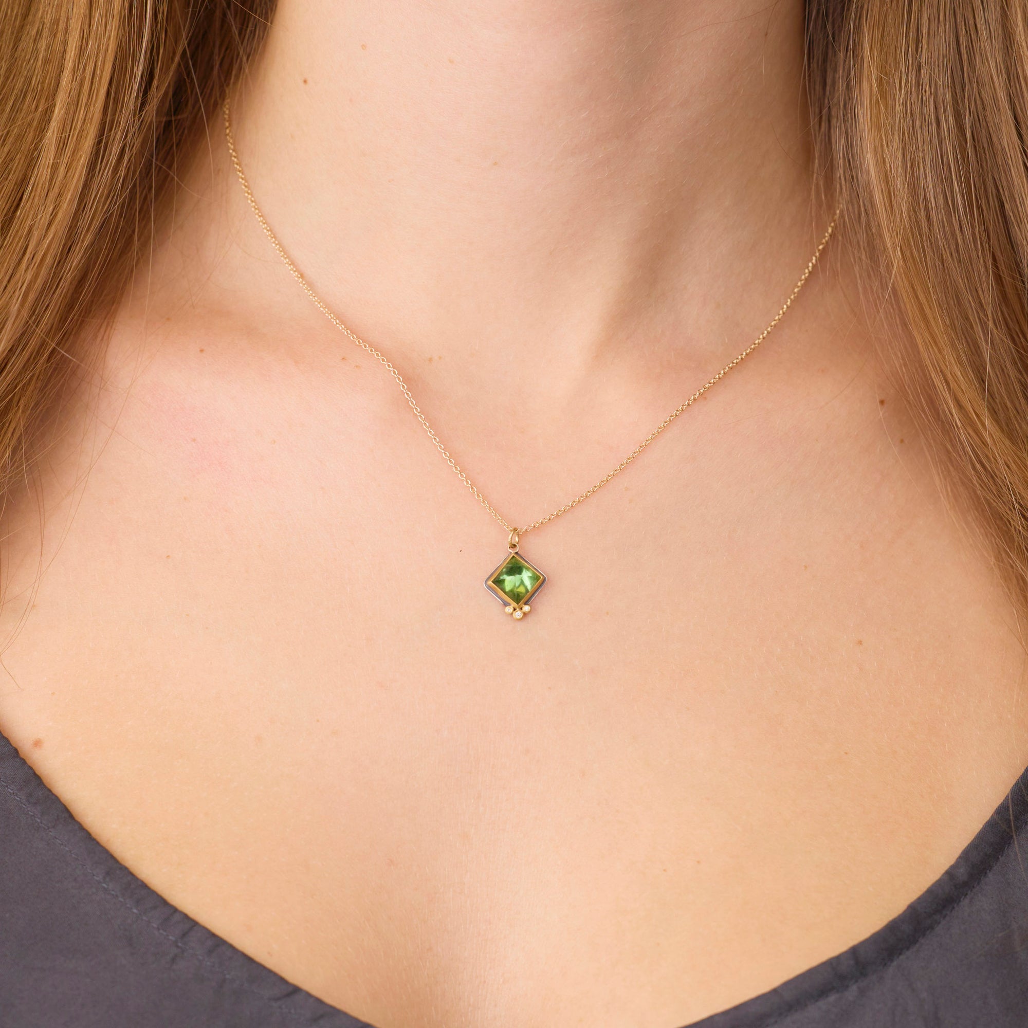 Green Tourmaline Necklace with Diamond Trio