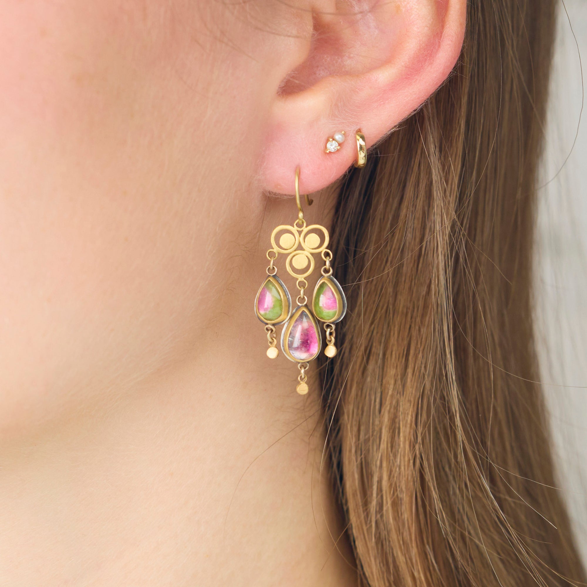 Watermelon Tourmaline Filigree Chandelier Earrings