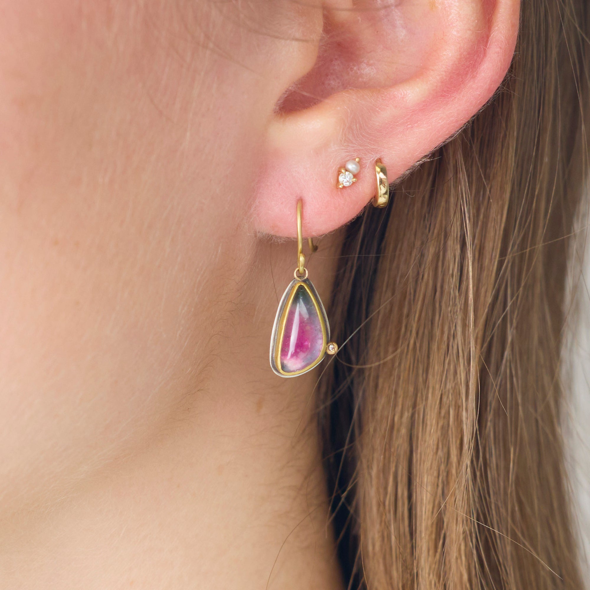 Watermelon Tourmaline Earrings with Diamond Dot
