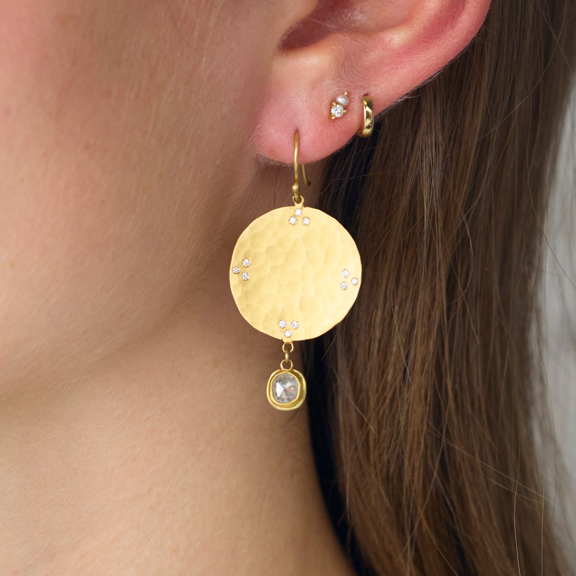 Hammered Disk Earrings with Grey Diamonds