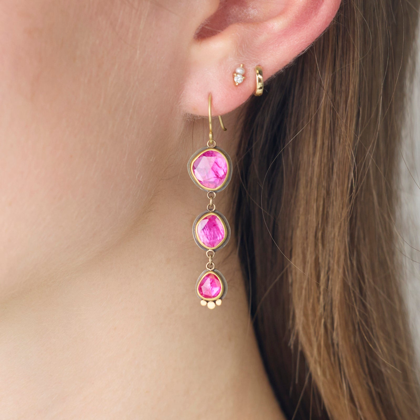 Hot Pink Triple Ruby Drop Earrings