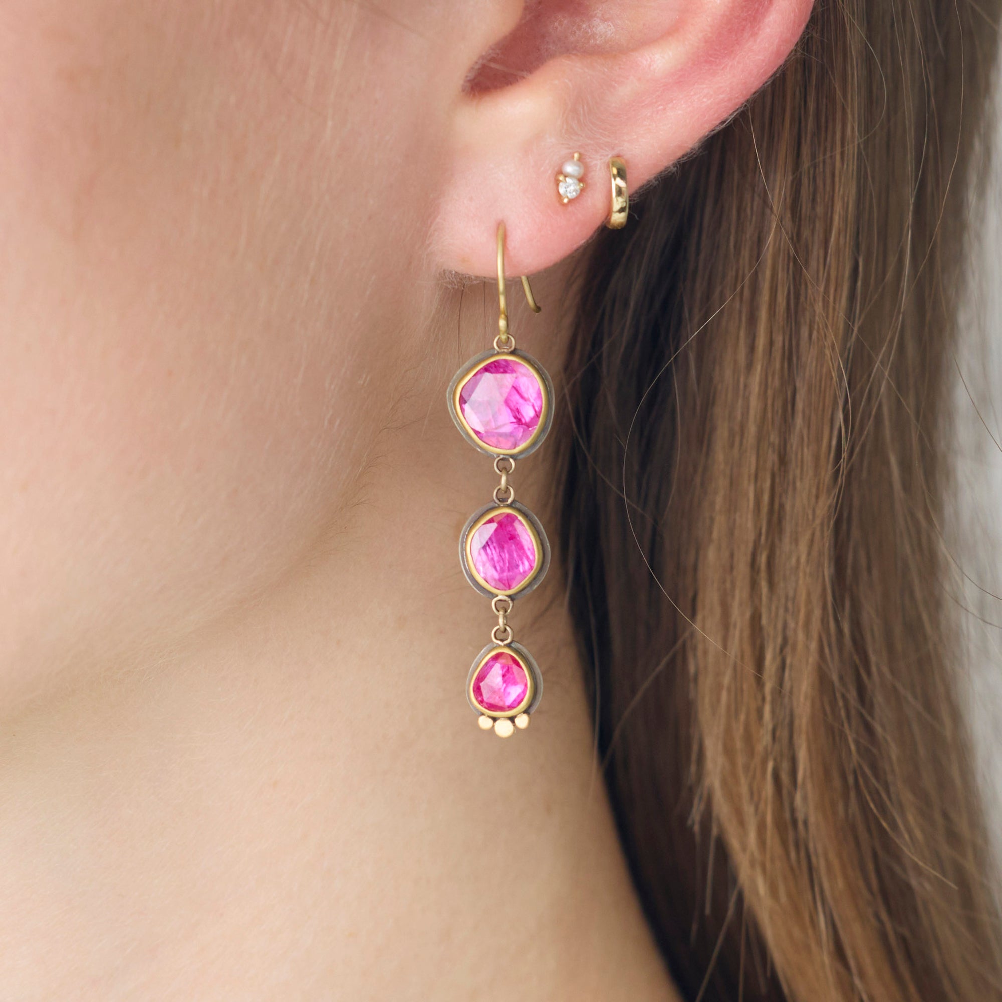 Hot Pink Triple Ruby Drop Earrings