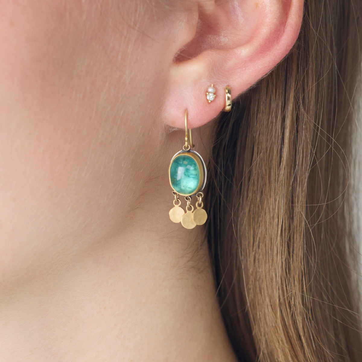 Teal Tourmaline Earrings with Gold Fringe