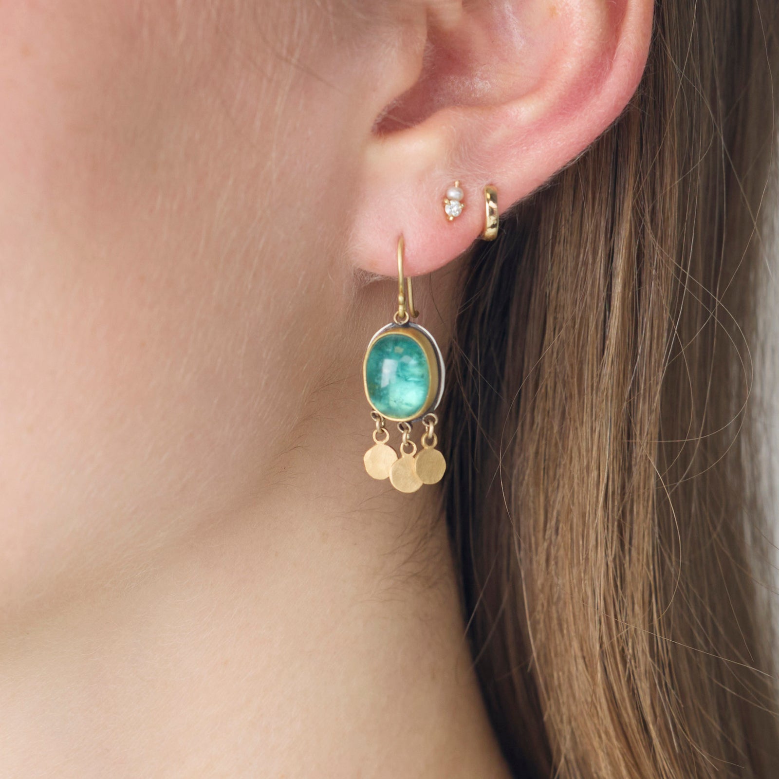 Teal Tourmaline Earrings with Gold Fringe