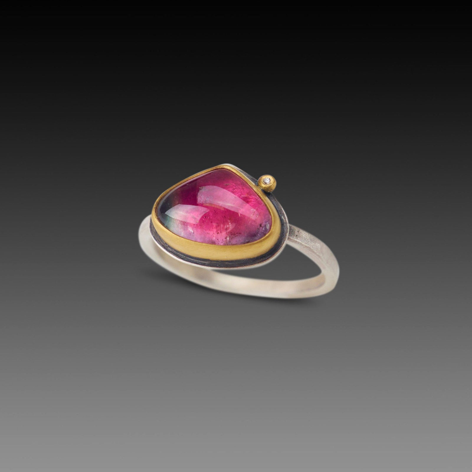 Watermelon Tourmaline Ring with Diamond Dot