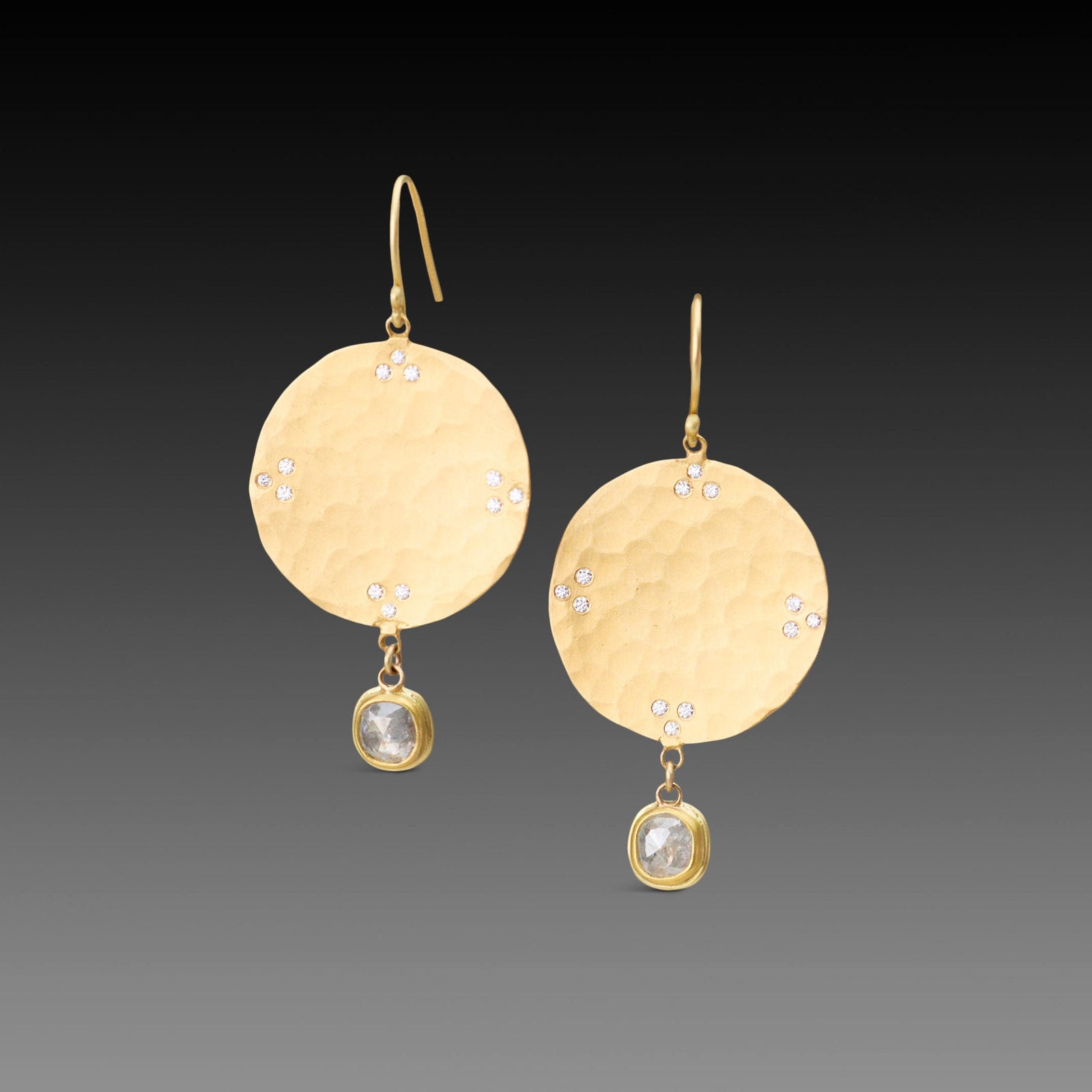 Hammered Disk Earrings with Grey Diamonds