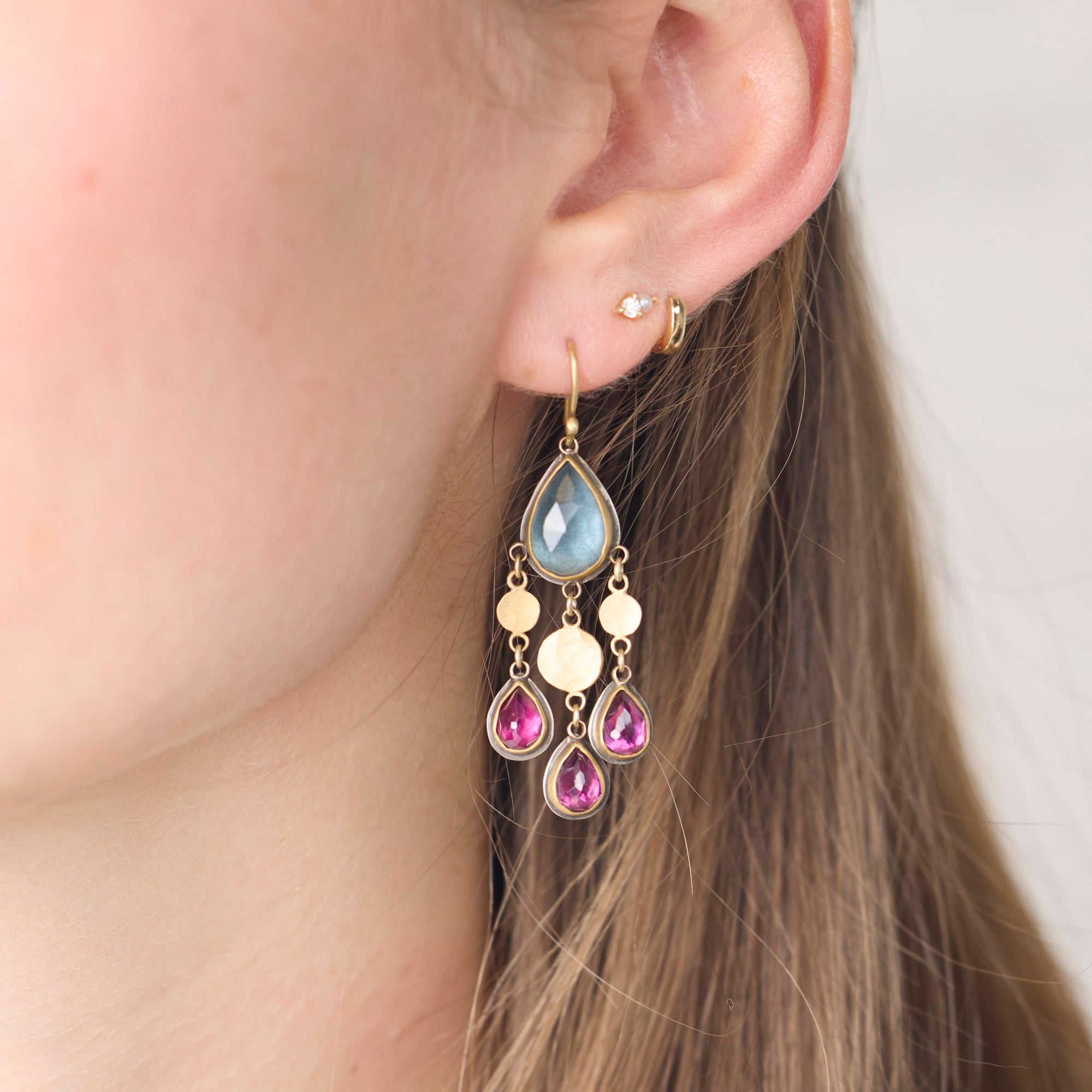 Moss Aquamarine and Rhodolite Garnet Chandelier Earrings