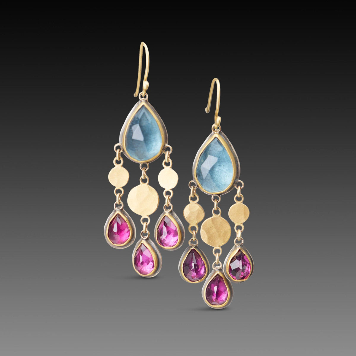 Moss Aquamarine and Rhodolite Garnet Chandelier Earrings