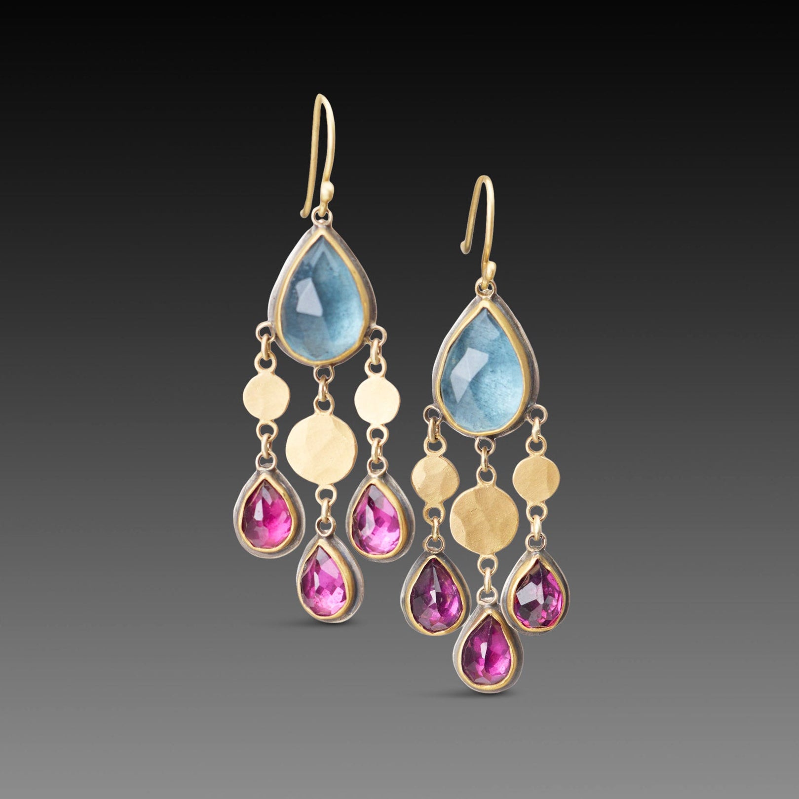 Moss Aquamarine and Rhodolite Garnet Chandelier Earrings