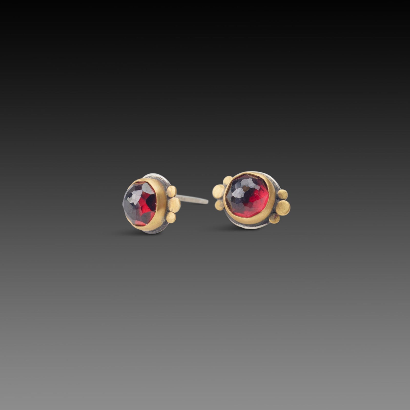 Round Garnet Stud Earrings with Trios