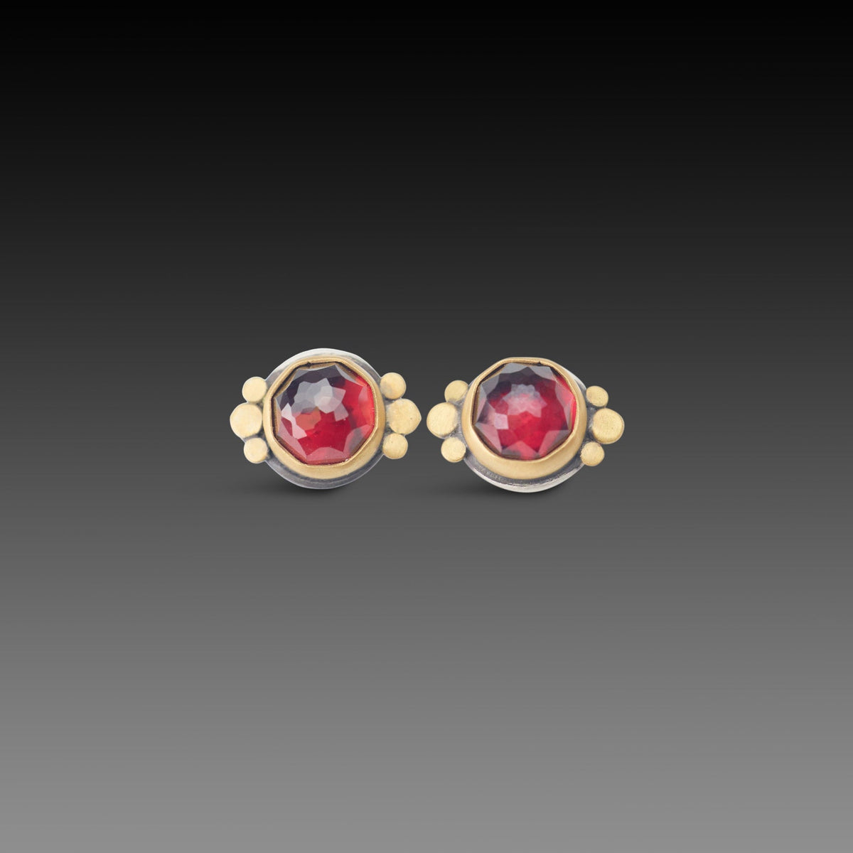 Round Garnet Stud Earrings with Trios