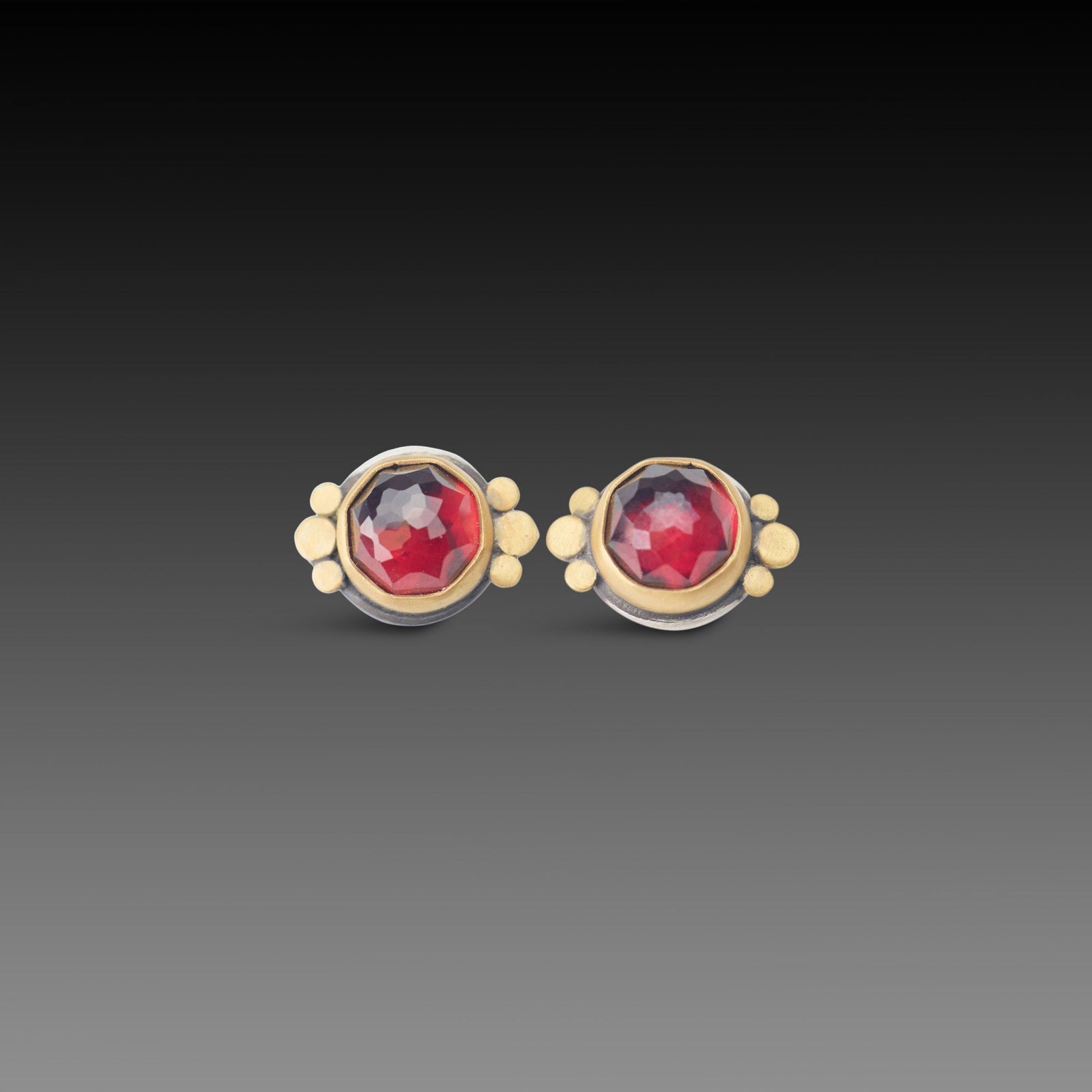 Round Garnet Stud Earrings with Trios