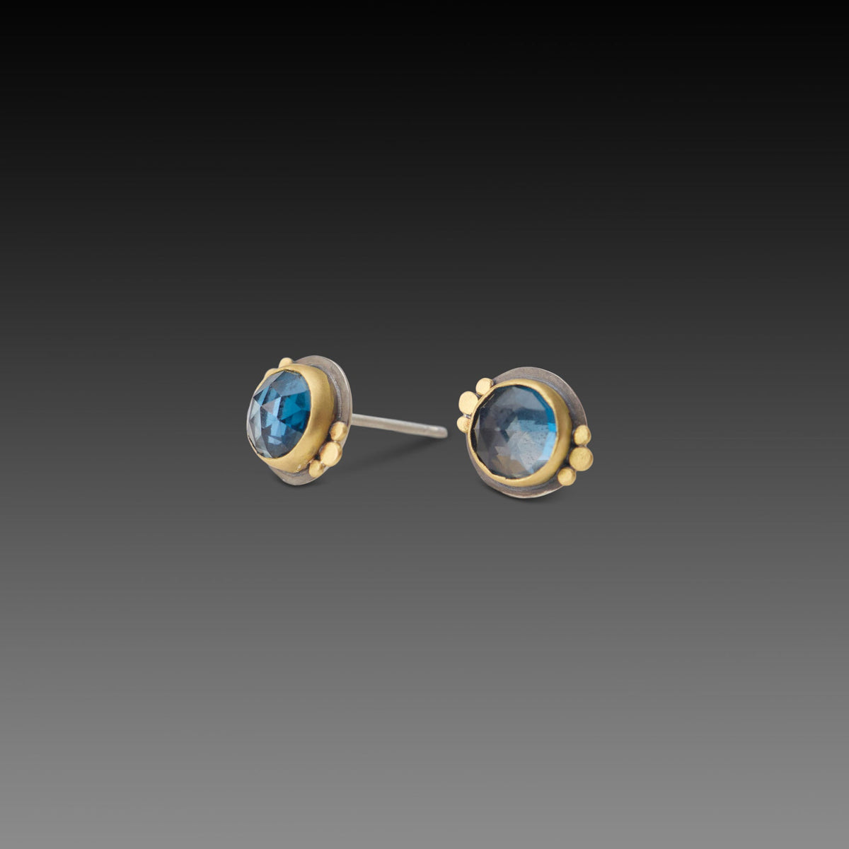 London Blue Topaz Stud Earrings with Gold Trios