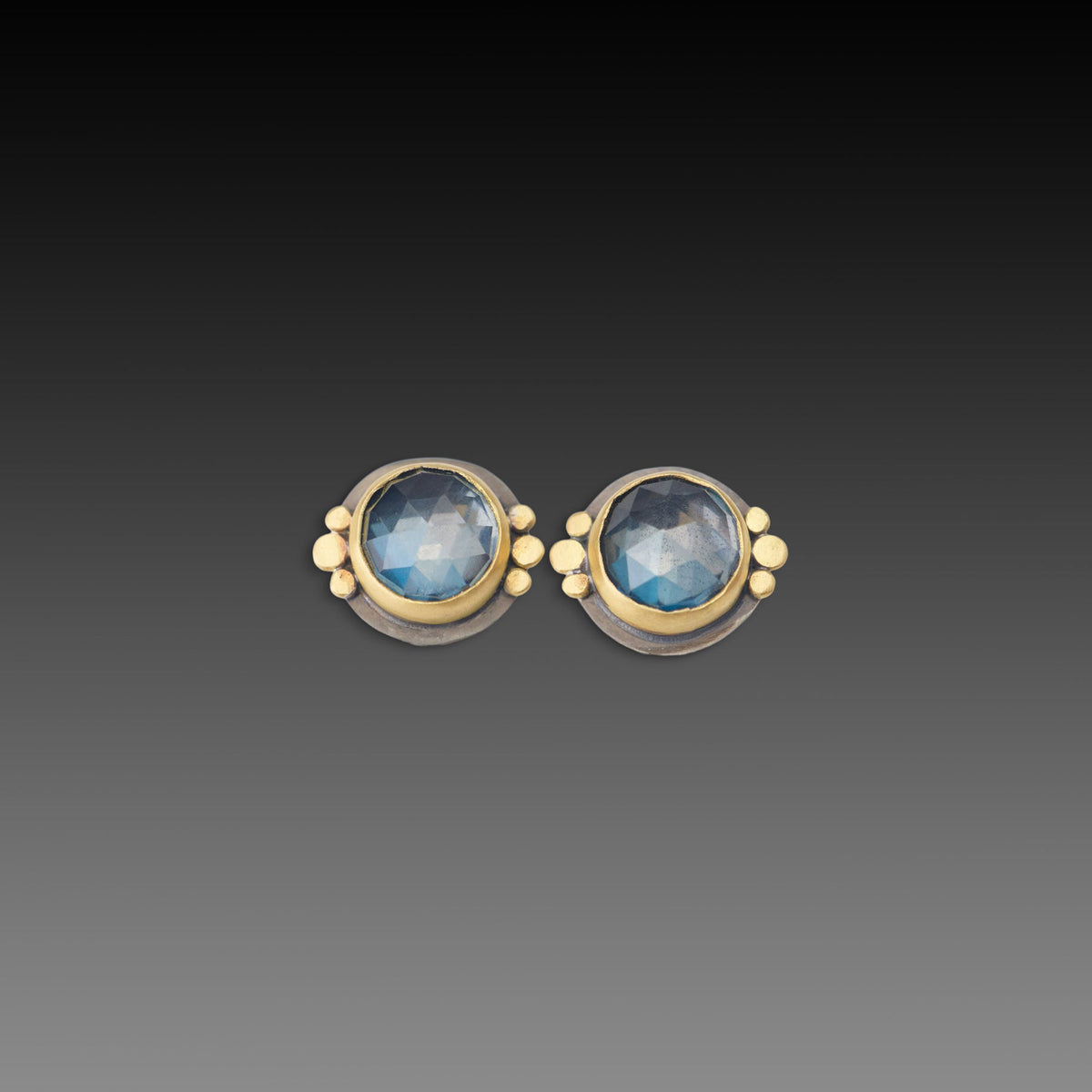 London Blue Topaz Stud Earrings with Gold Trios
