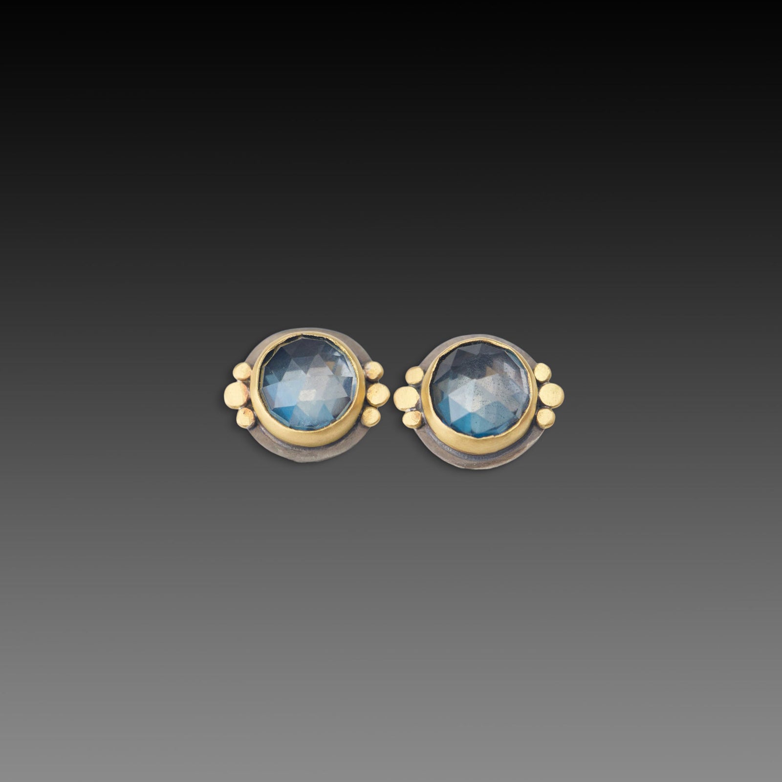 London Blue Topaz Stud Earrings with Gold Trios