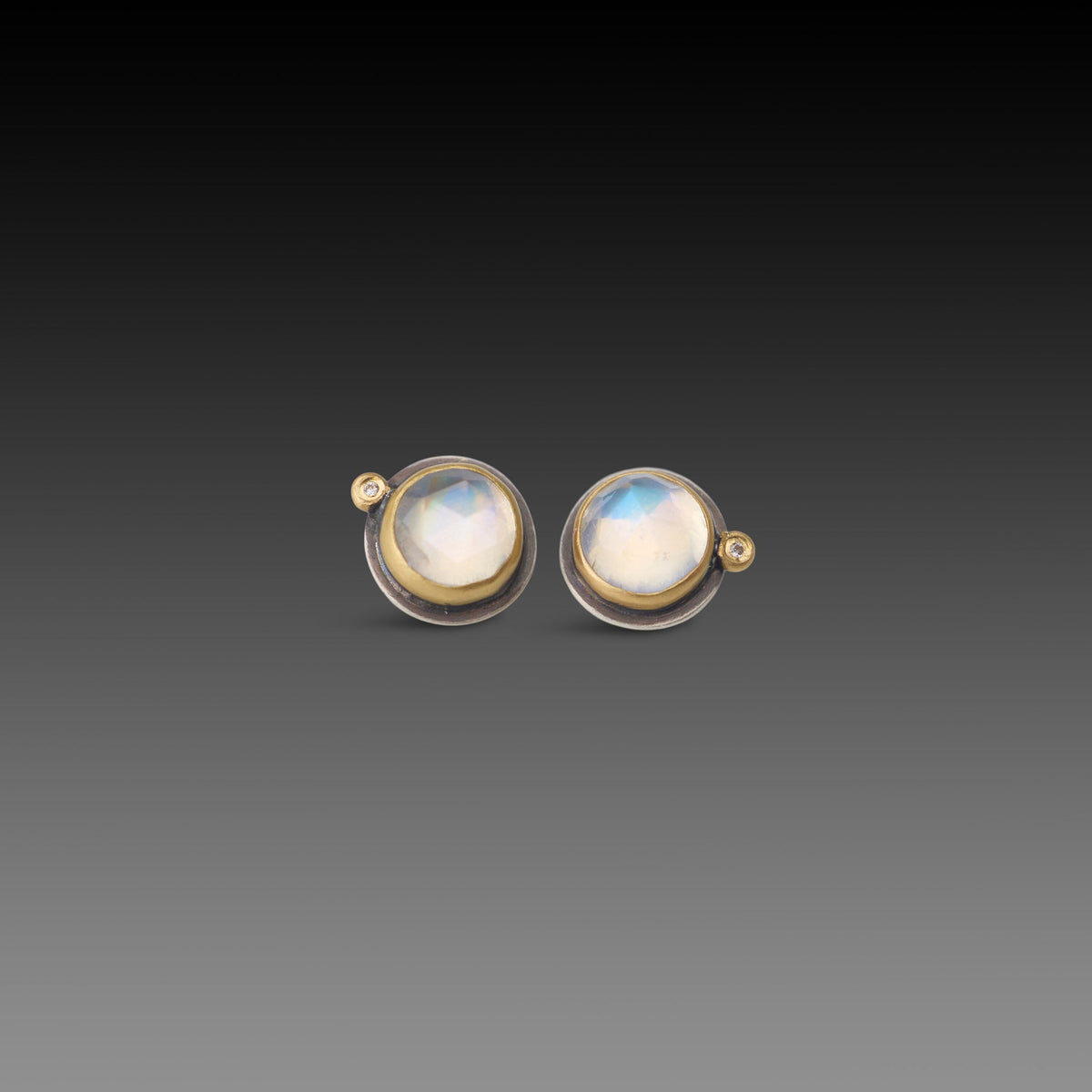 Moonstone Stud Earrings with Diamond Dot