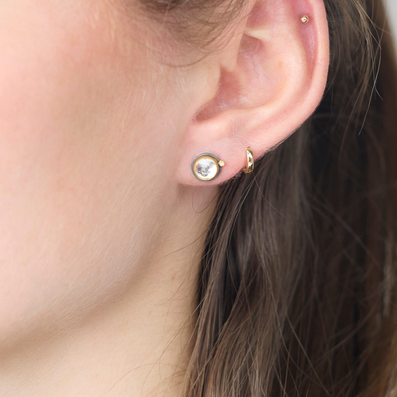 White Topaz Stud Earrings with Diamond Dot