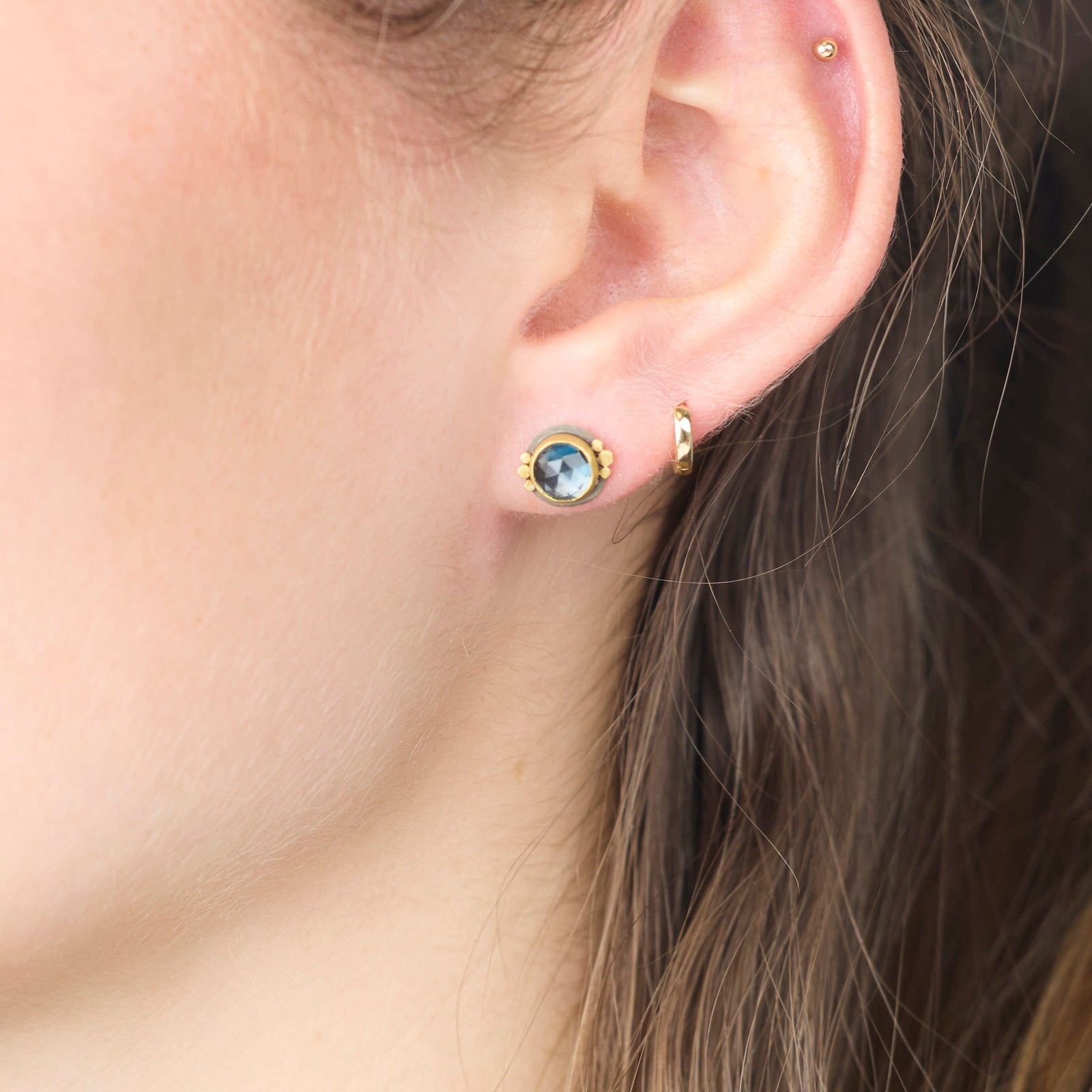 London Blue Topaz Stud Earrings with Gold Trios