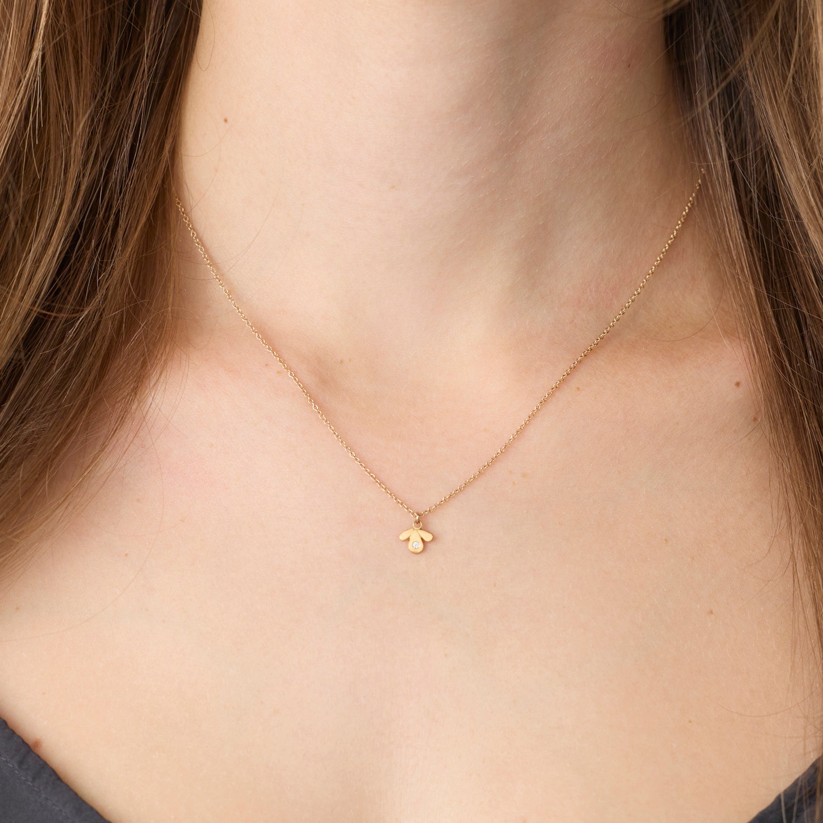 Tiny Gold Leaf Trio Necklace with Diamond