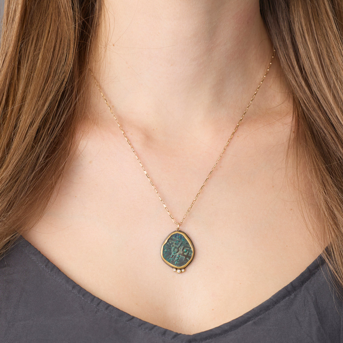 Ancient Indian Coin Necklace with Three Diamonds