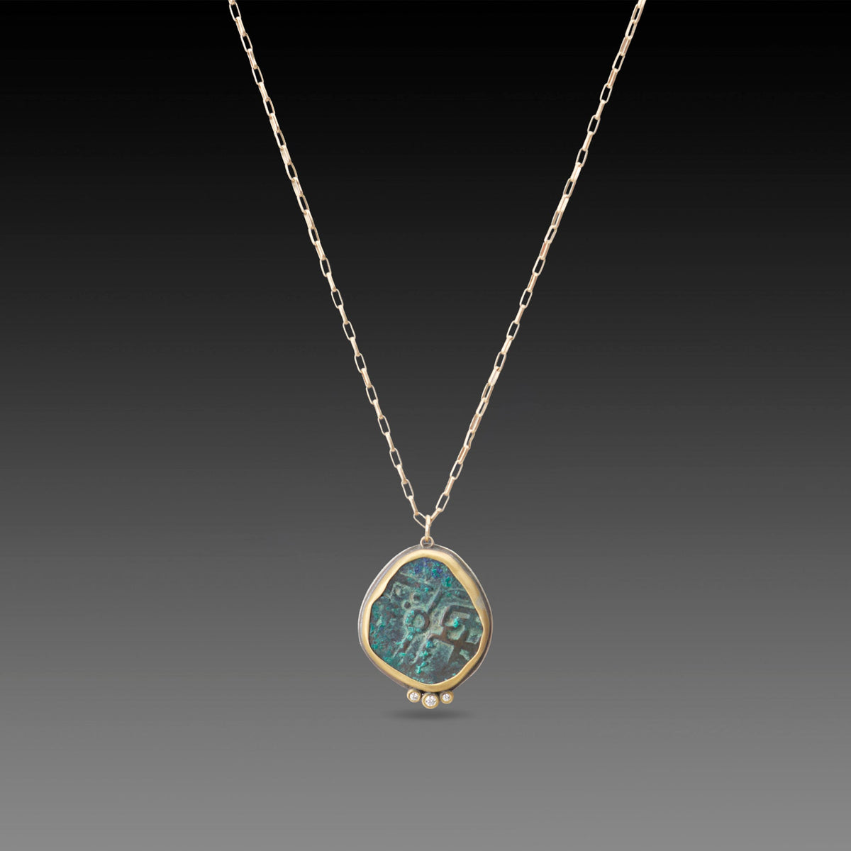 Ancient Indian Coin Necklace with Three Diamonds