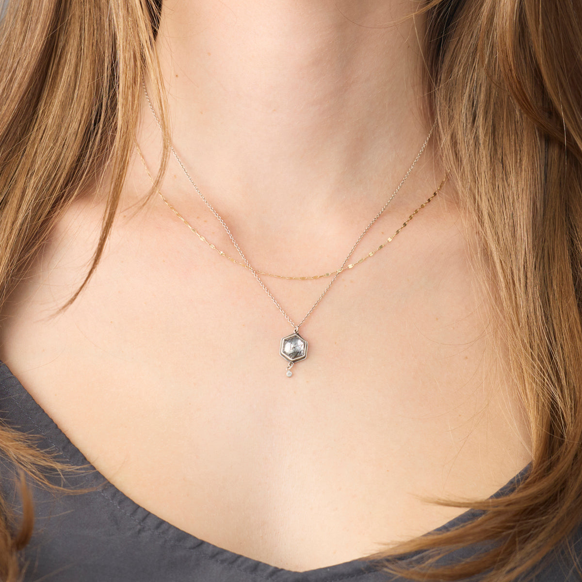 Tourmalinated Quartz Hexagon Necklace