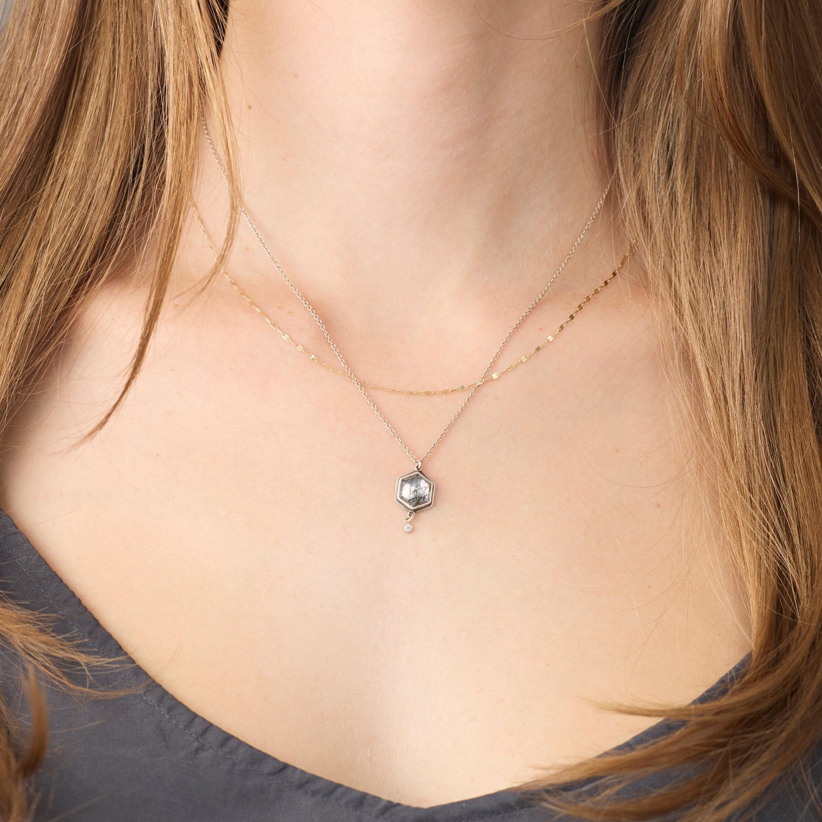 Tourmalinated Quartz Hexagon Necklace