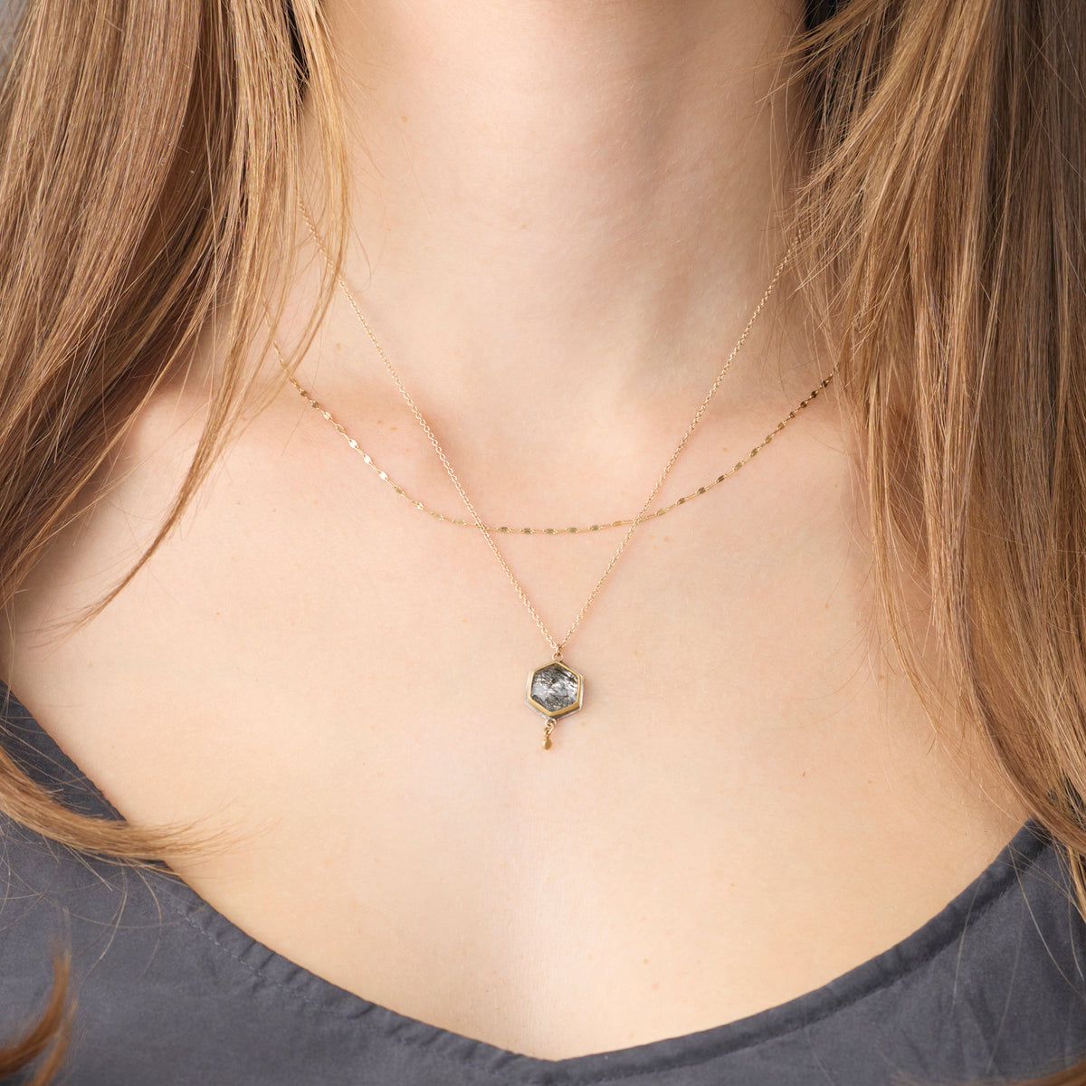 Tourmalinated Quartz Necklace in Gold