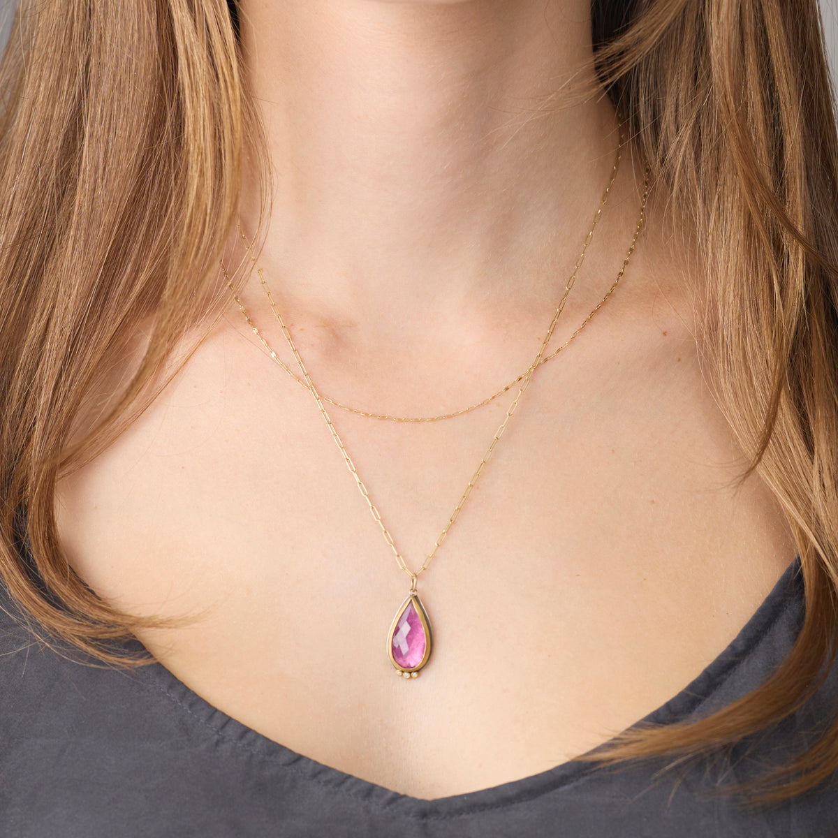 Pink Tourmaline Necklace with Diamond Trio