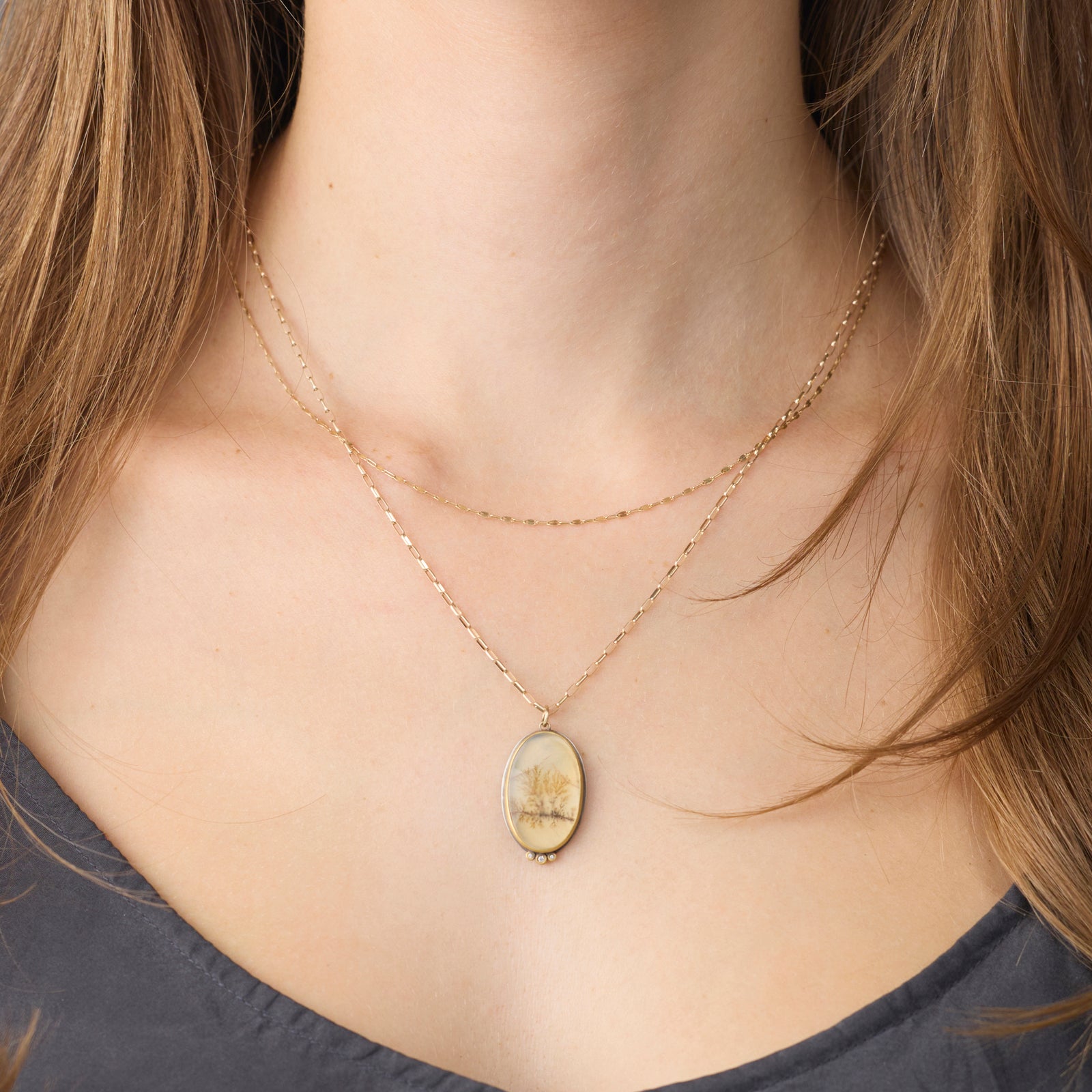 Dendritic Agate Necklace with Diamonds