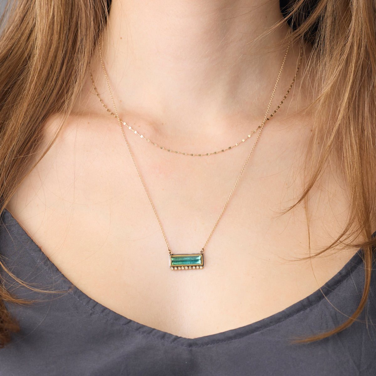 Green Tourmaline Necklace with Diamond Line