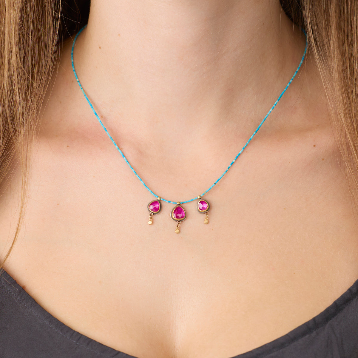 Turquoise Beaded Necklace with Rubies