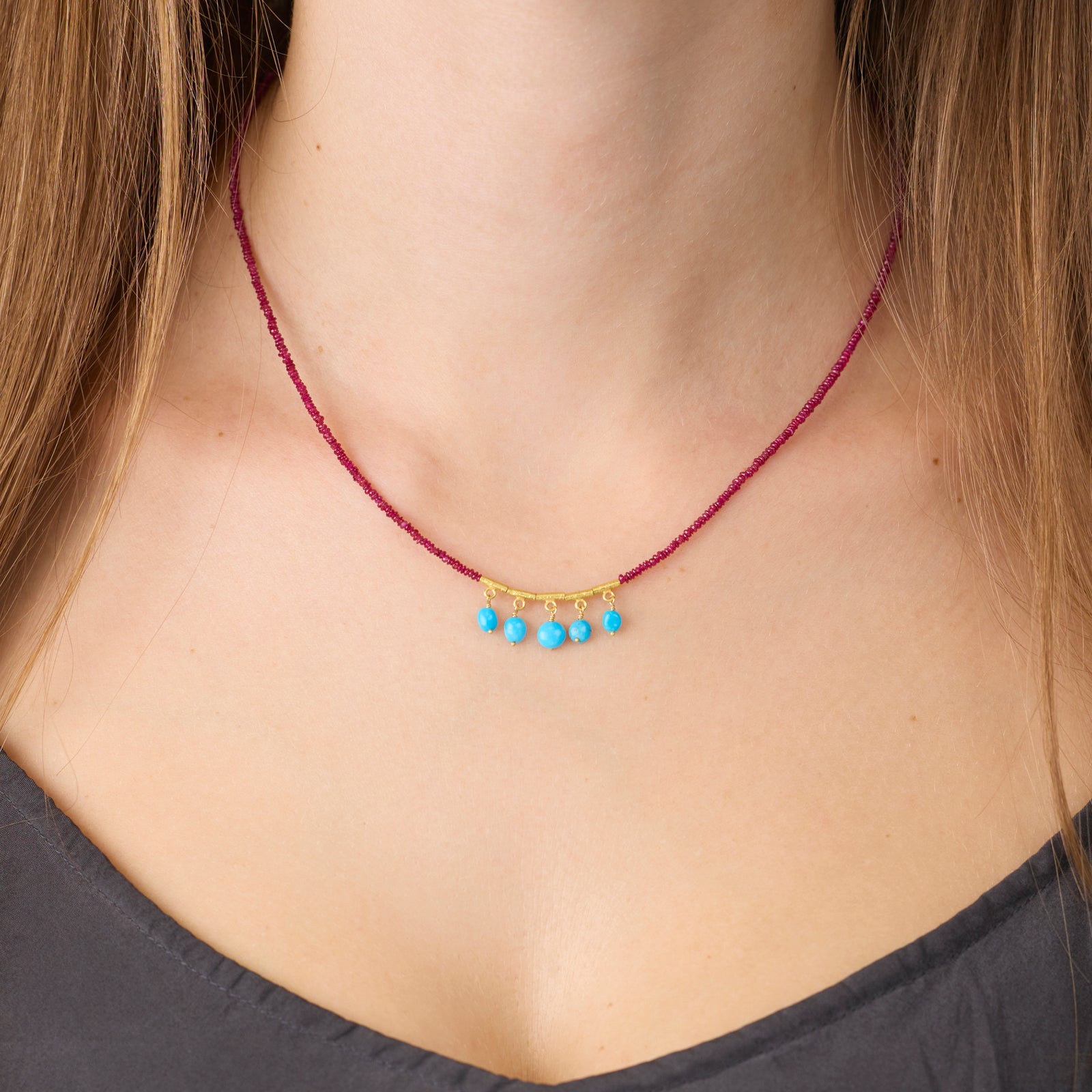 Ruby Beaded Necklace with Turquoise Fringe