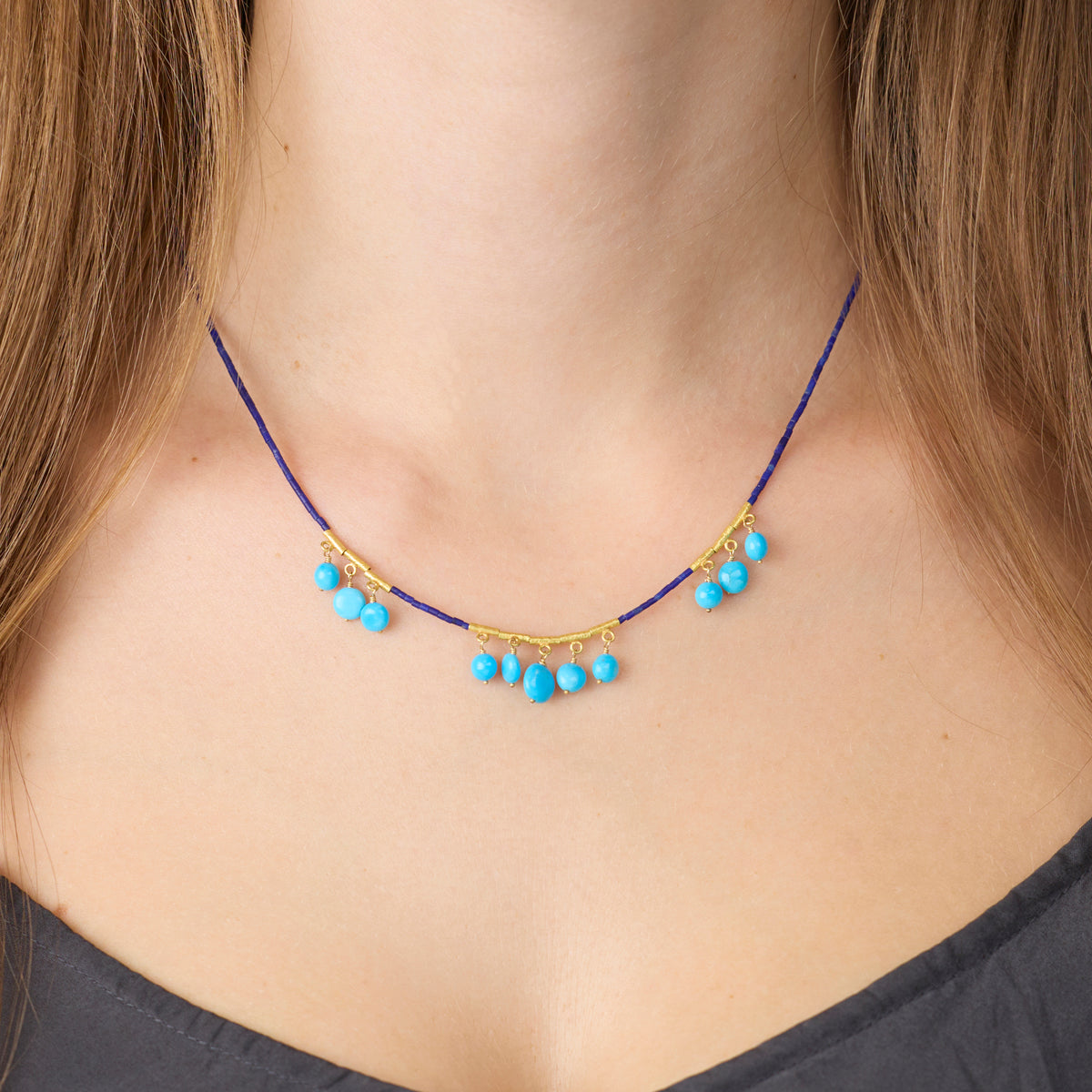 Lapis Necklace with Turquoise Fringe