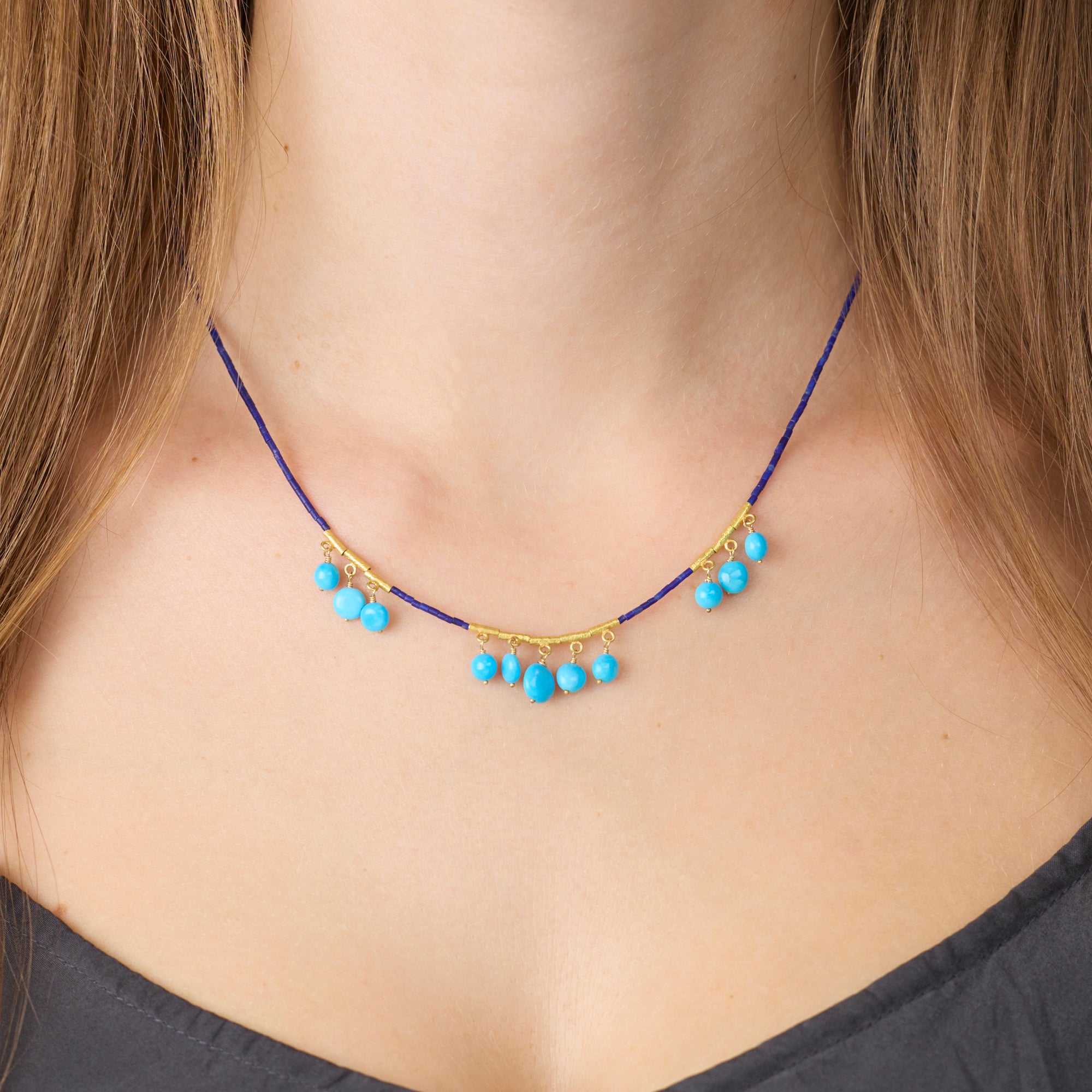 Lapis Necklace with Turquoise Fringe - Ananda Khalsa